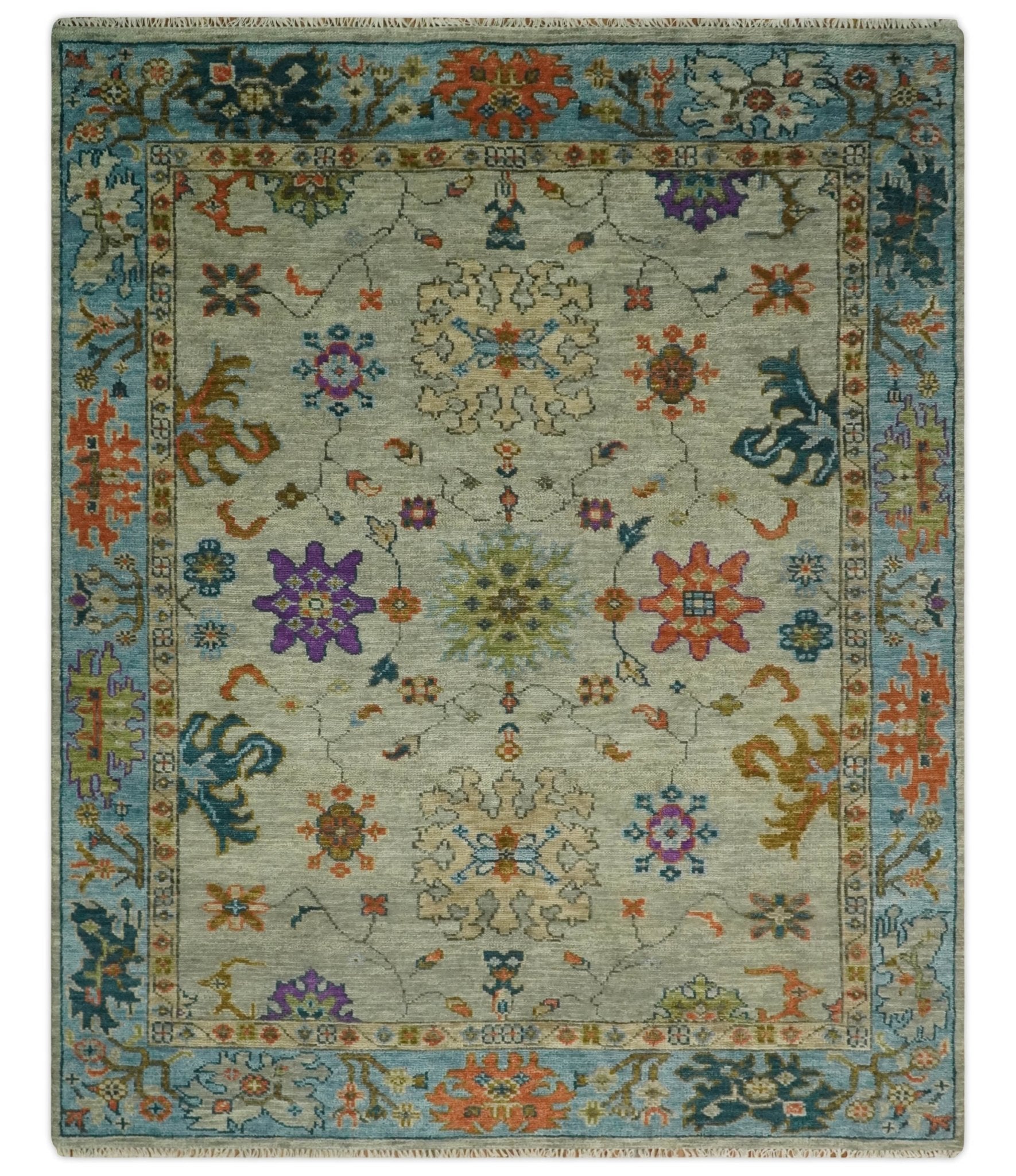 Vintage Style Vibrant Colorful Beige, Blue and Rust Hand Knotted Traditional Oushak Multi Size wool Area Rug