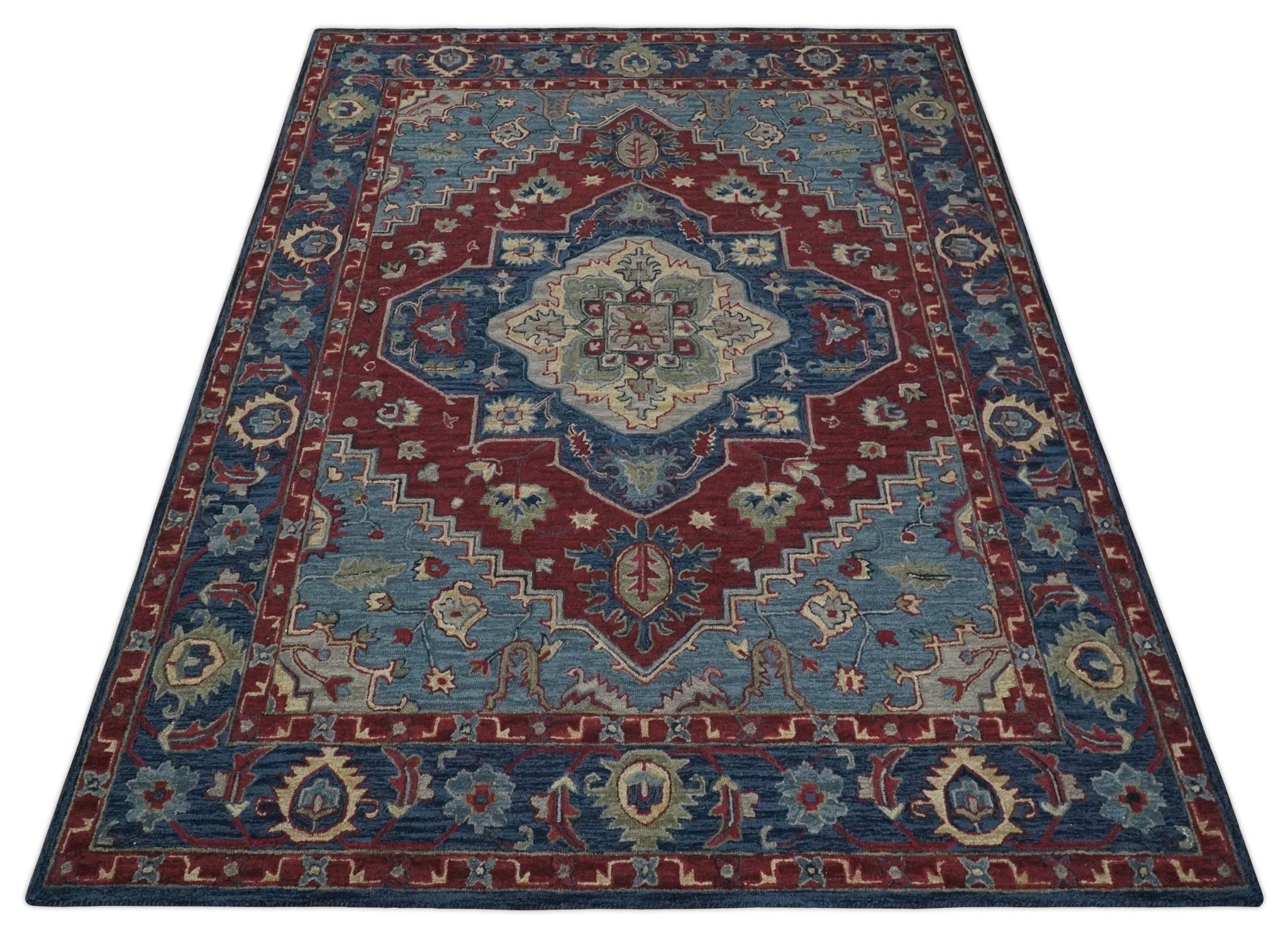 Antique 5x8, 6x9, 8x10 and 9x12 Red and Blue Hand Tufted Traditional Persian Medallion Rug | TRD6448 - The Rug Decor