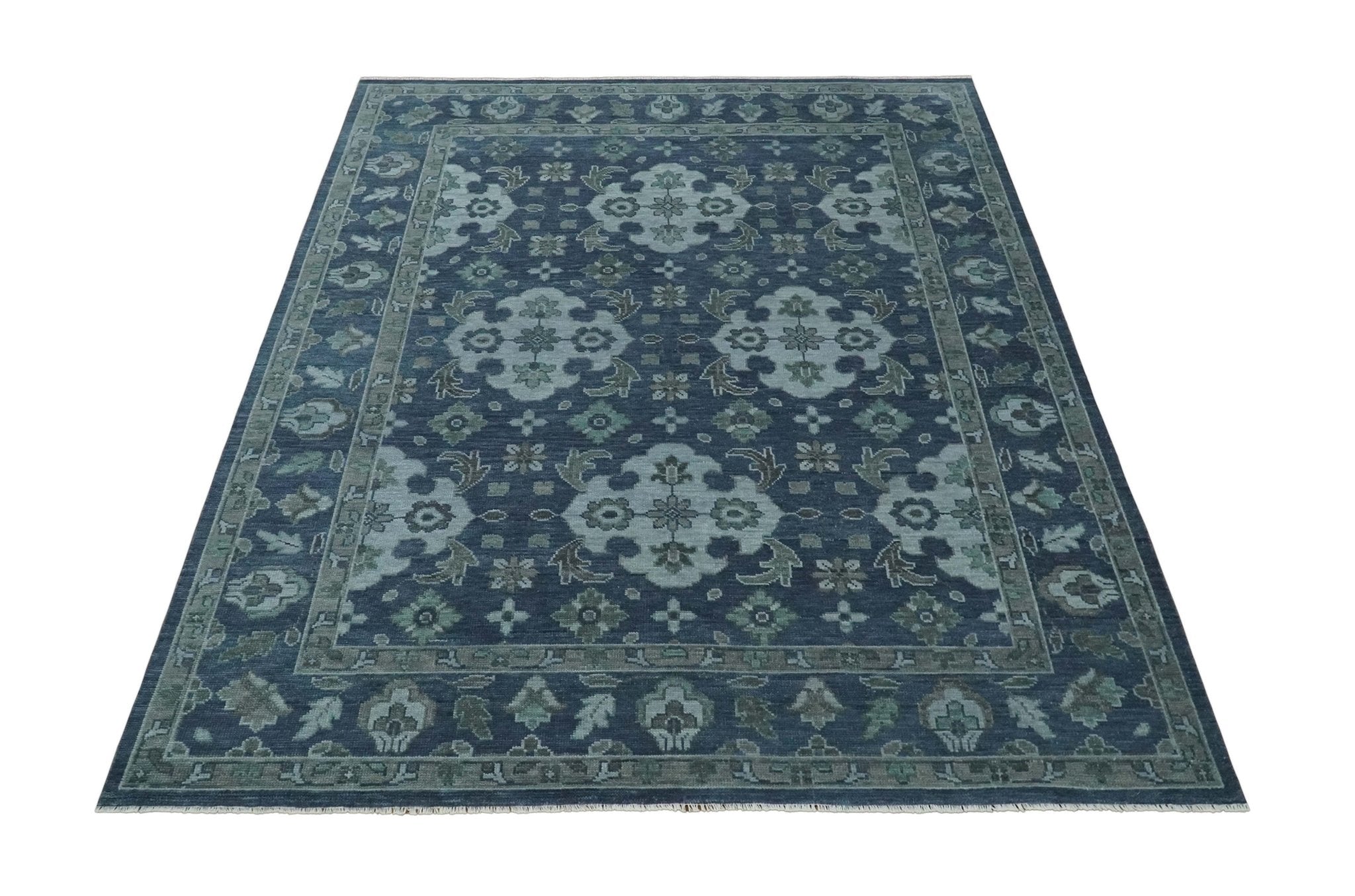 Antique Blue and Silver Hand Knotted Traditional Vintage Wool Rug