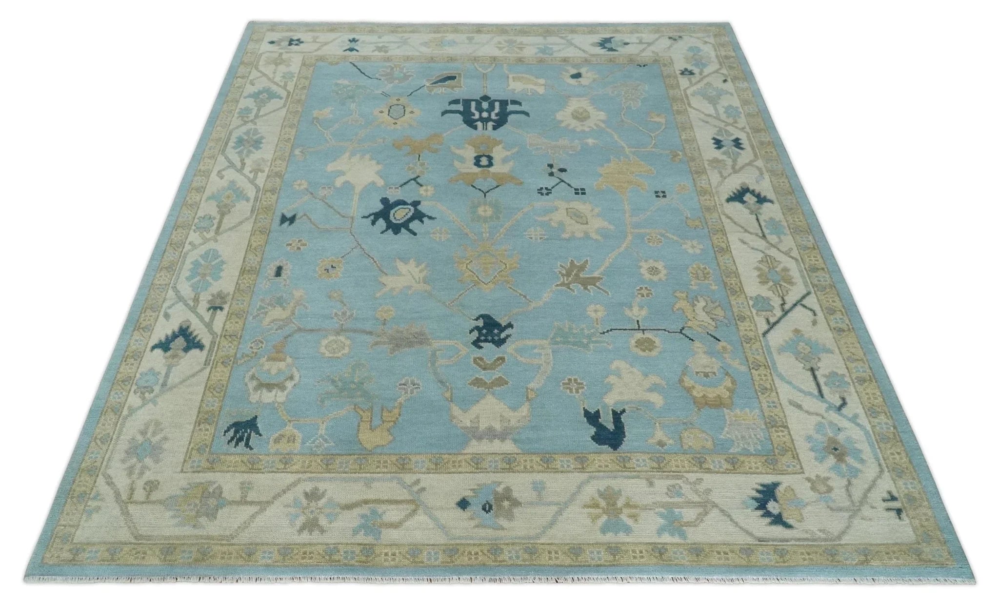 Antique Blue, Ivory and Beige Multi Size Traditional Oushak Wool Rug - The Mayfair Hall