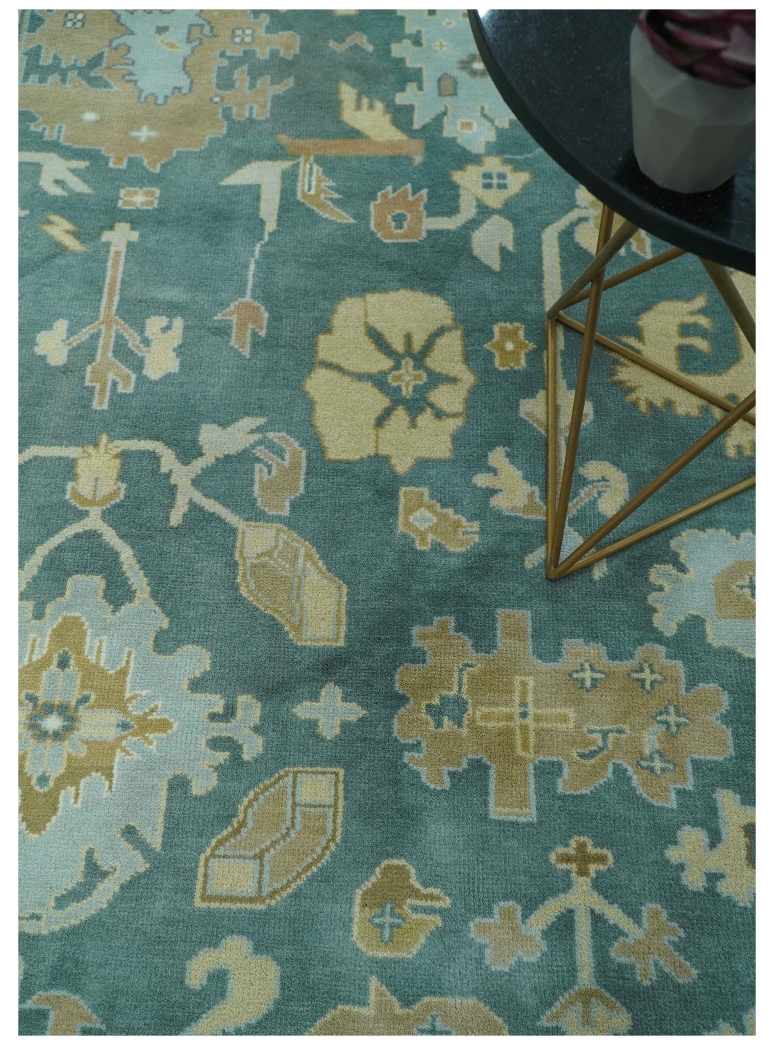 Antique Style Hand Knotted Teal and Ivory Oushak Multi Size wool Rug