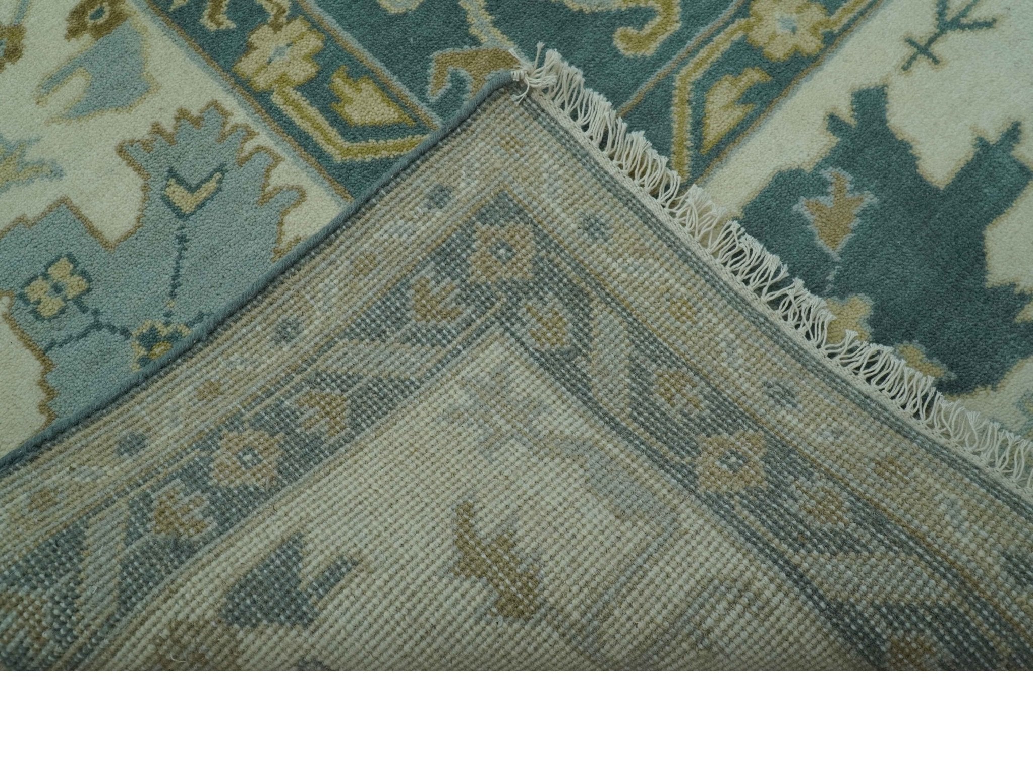 Antique Style Hand Knotted Teal and Ivory Oushak Multi Size wool Rug