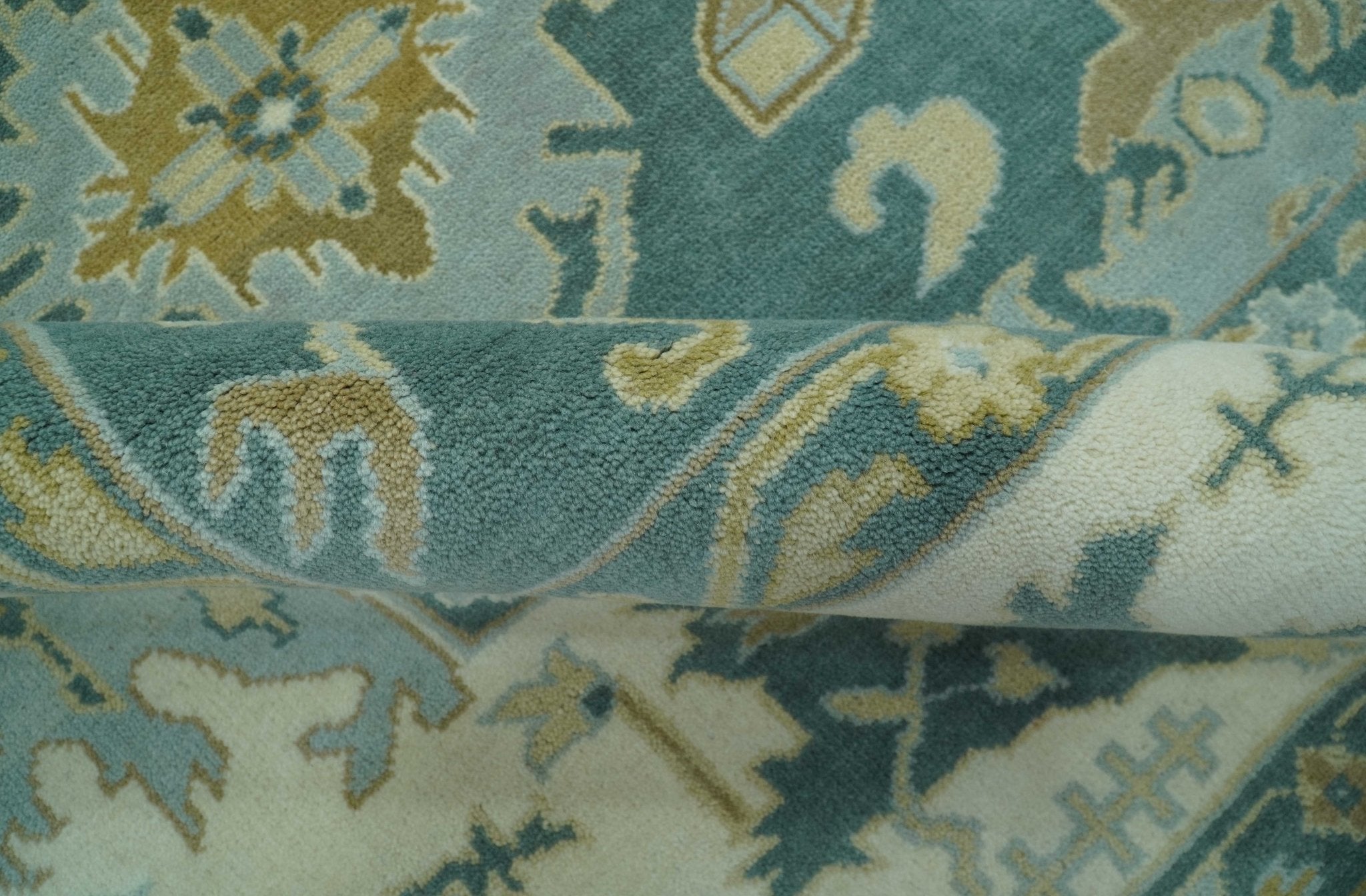 Antique Style Hand Knotted Teal and Ivory Oushak Multi Size wool Rug