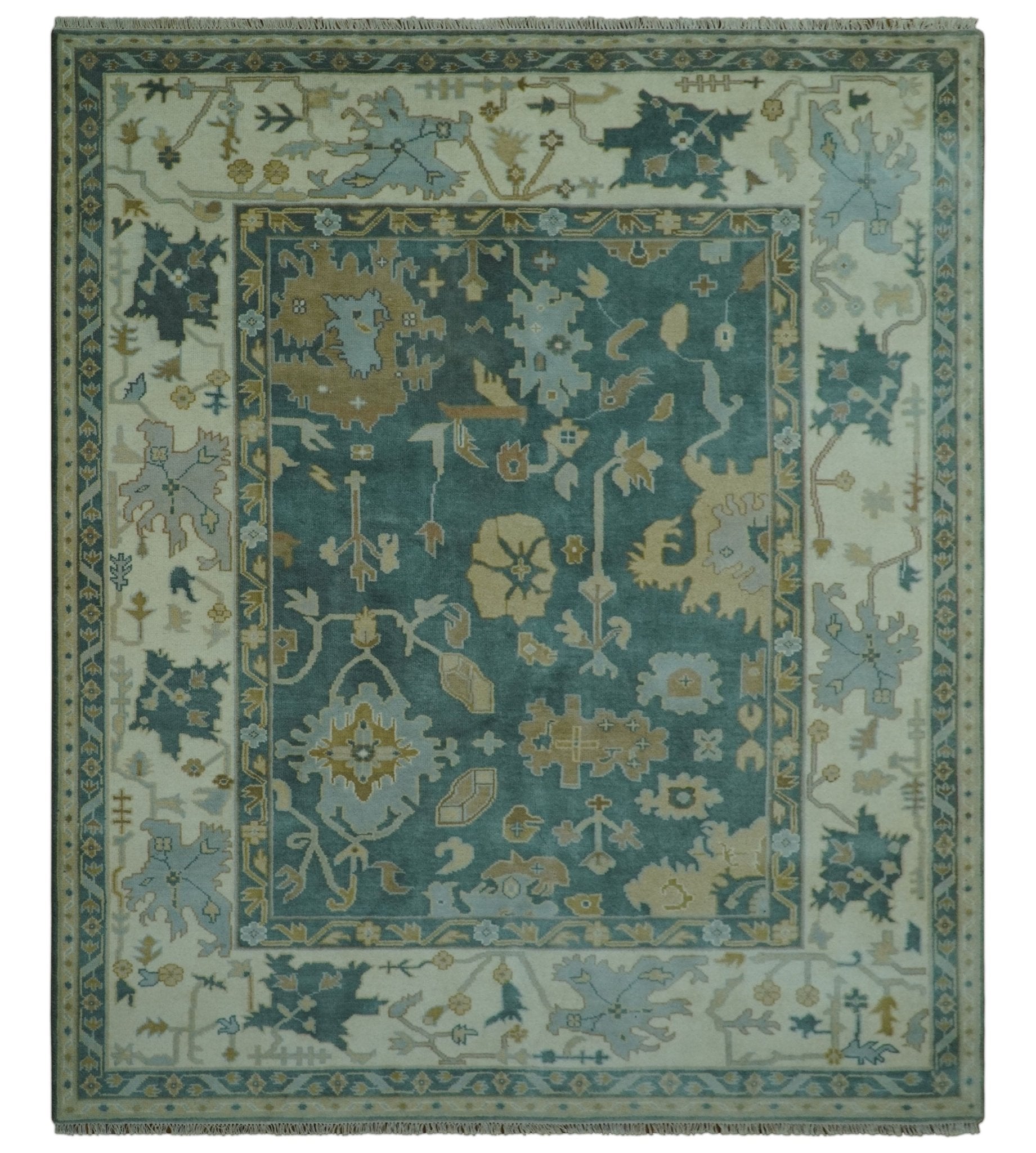 Antique Style Hand Knotted Teal and Ivory Oushak Multi Size wool Rug