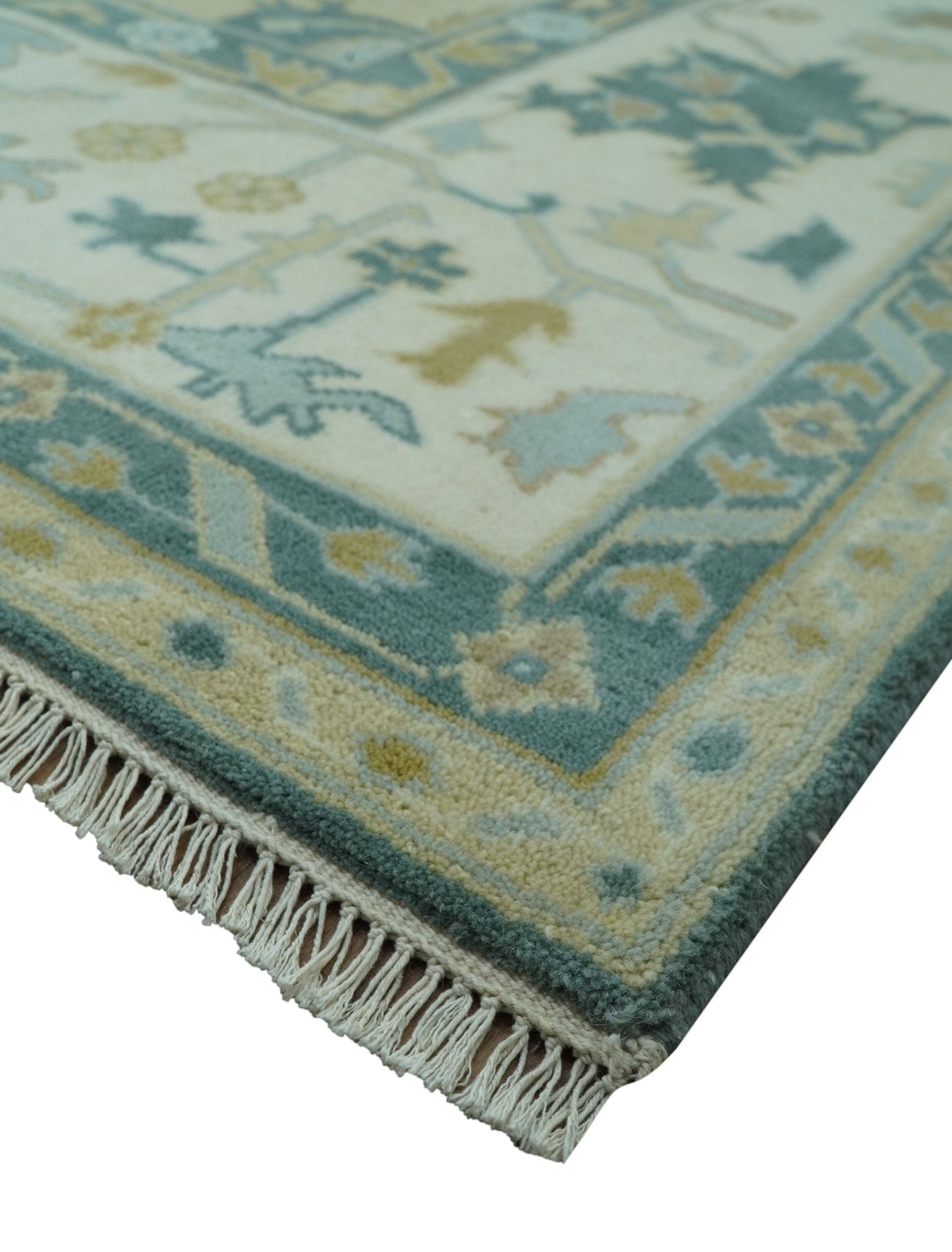 Antique Style Hand Knotted Teal and Ivory Oushak Multi Size wool Rug