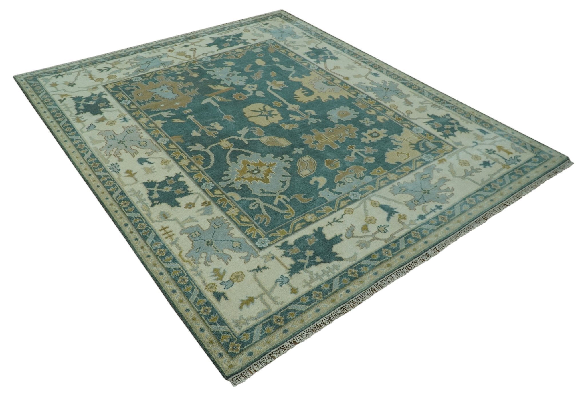 Antique Style Hand Knotted Teal and Ivory Oushak Multi Size wool Rug
