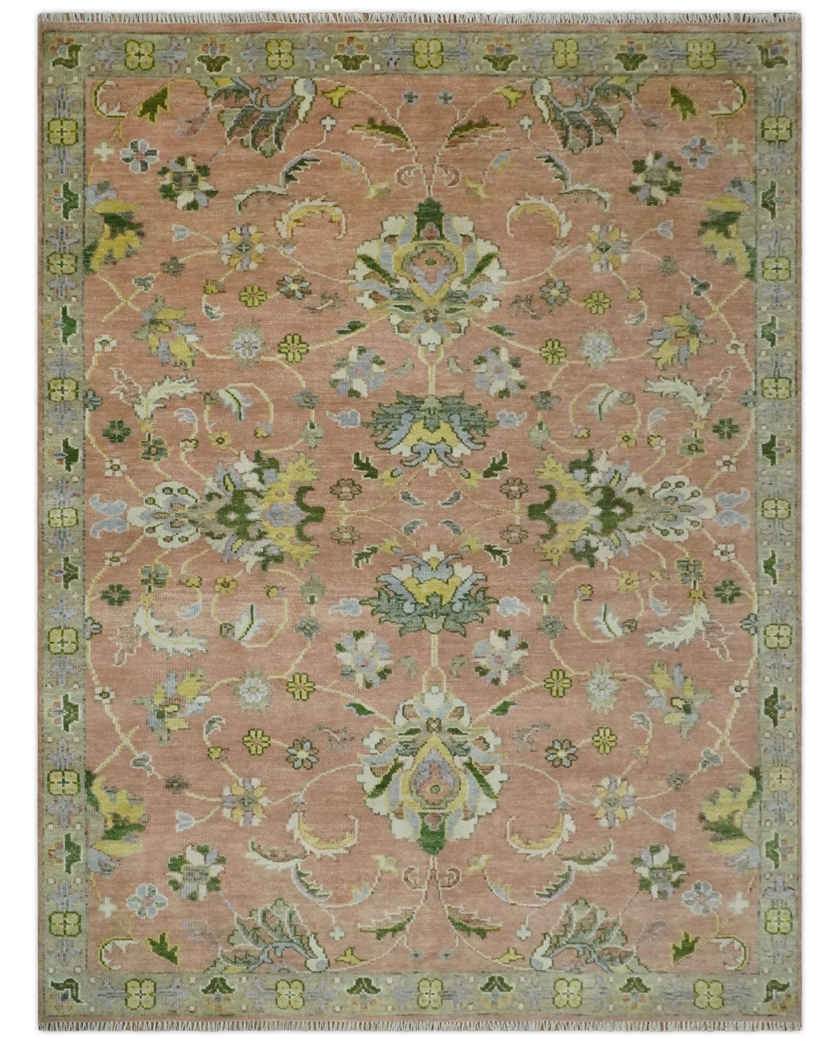 Antique Floral Peach, Green, Mustard and Ivory Hand Knotted 9x12 wool area Rug