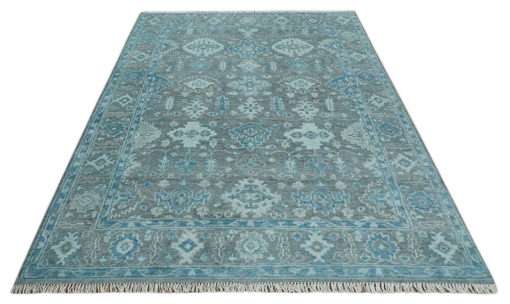 Antique Gray and Blue Hand Knotted 8x10 Oushak Turkish Wool Area Rug | TRD2792 - The Rug Decor