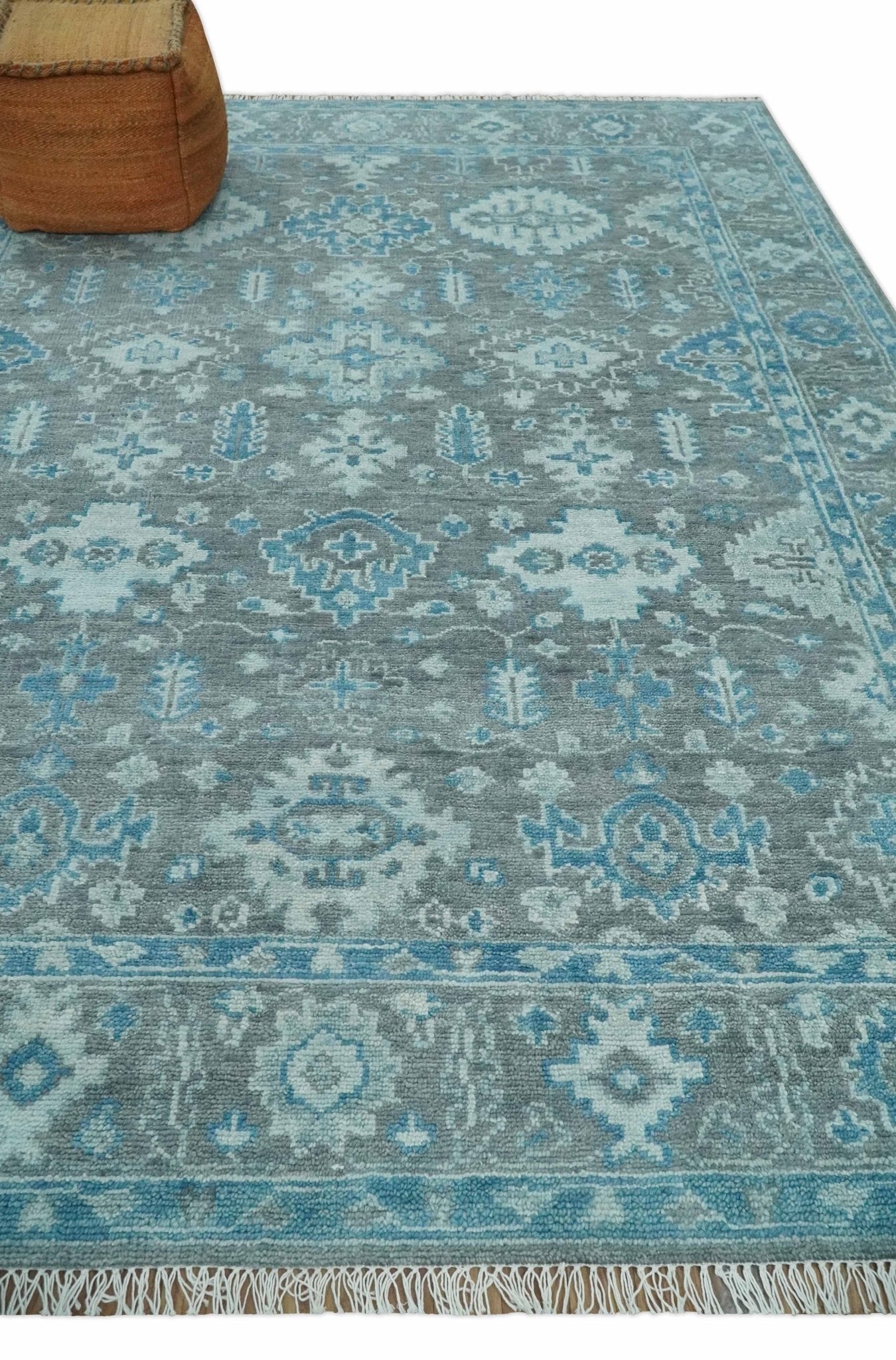Antique Gray and Blue Hand Knotted 8x10 Oushak Turkish Wool Area Rug | TRD2792 - The Rug Decor