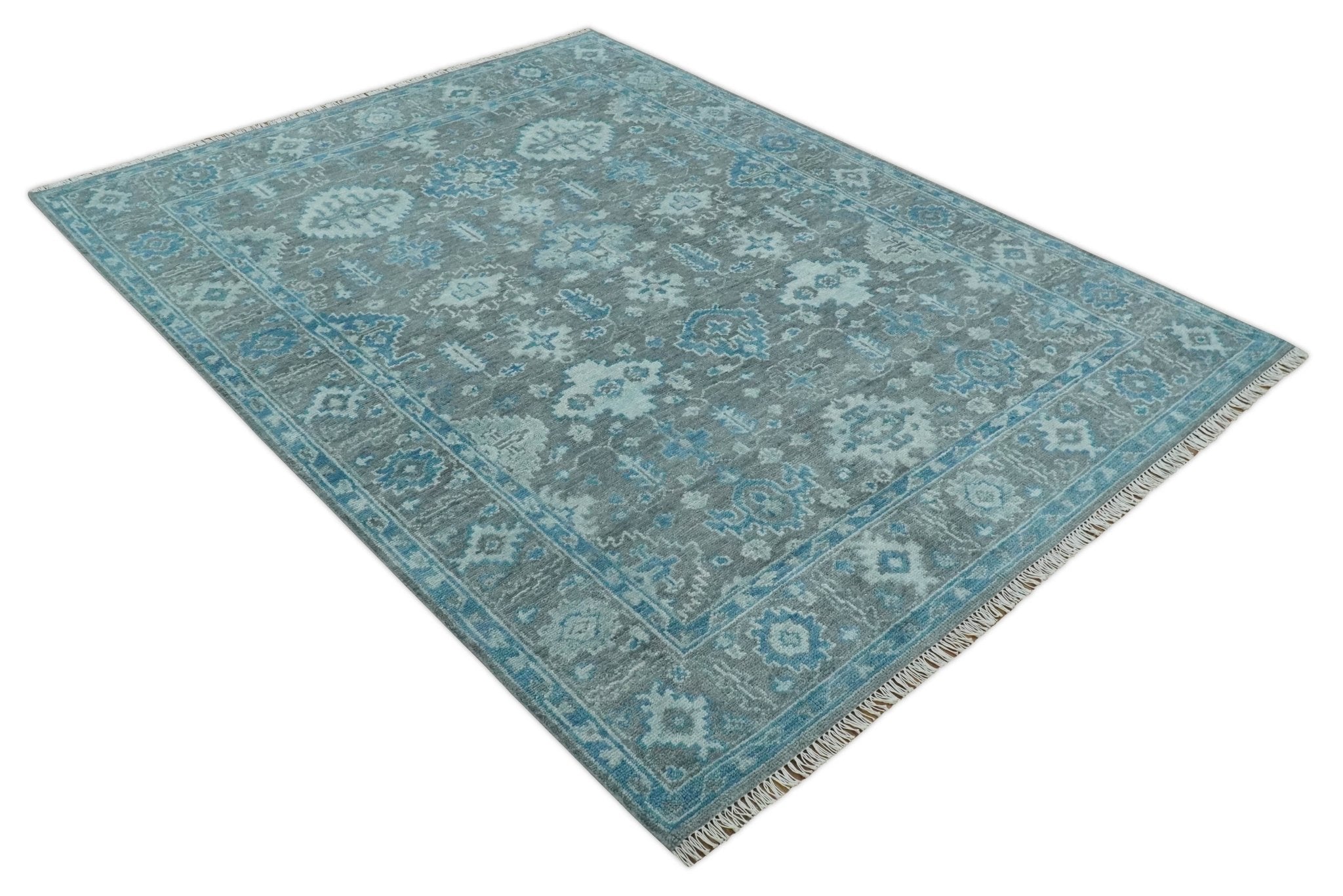 Antique Gray and Blue Hand Knotted 8x10 Oushak Turkish Wool Area Rug | TRD2792 - The Rug Decor