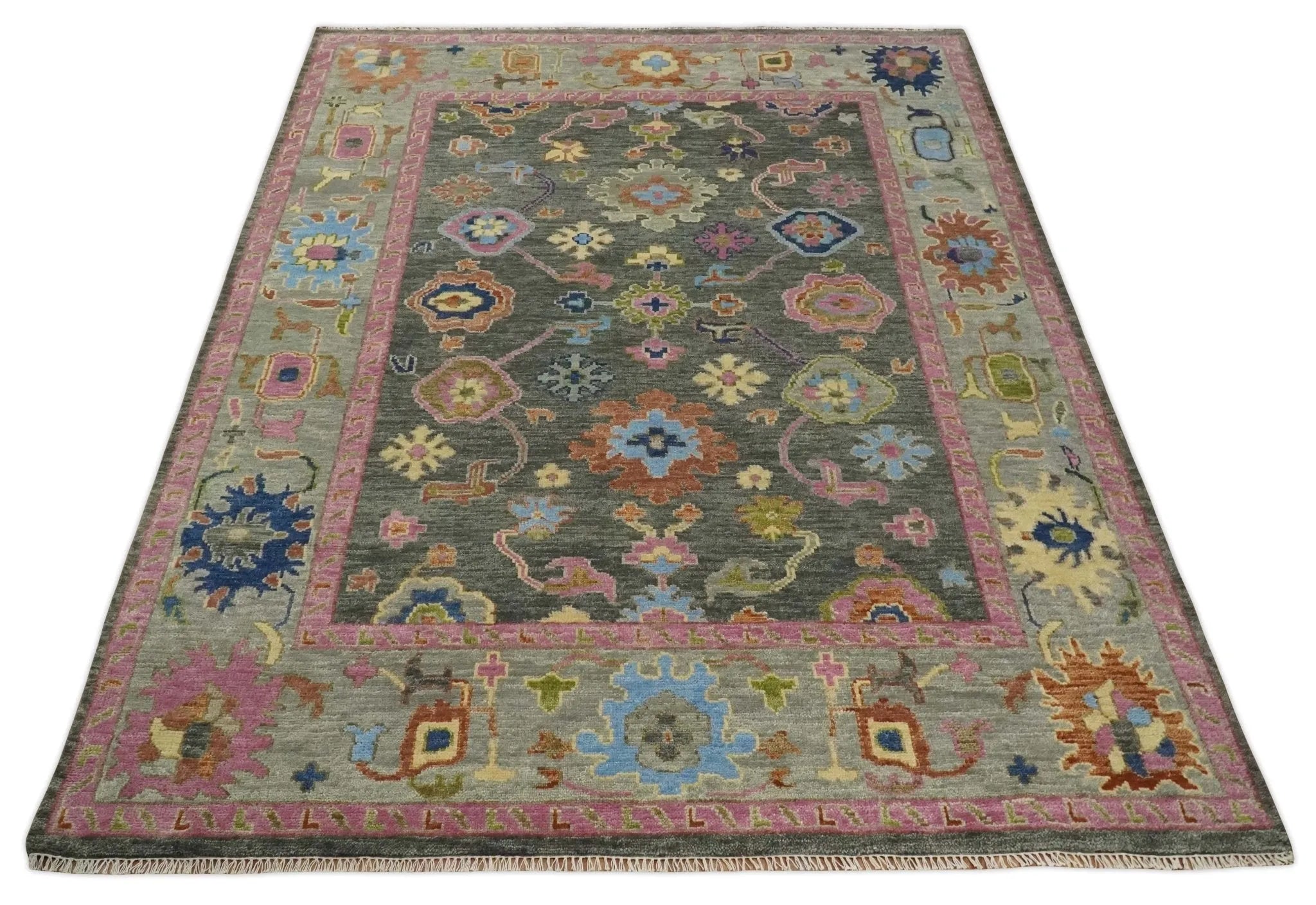 Antique Gray and Pink Wool Traditional Persian Silver Vibrant Colorful Hand knotted Oushak Area Rug | TRDCP787