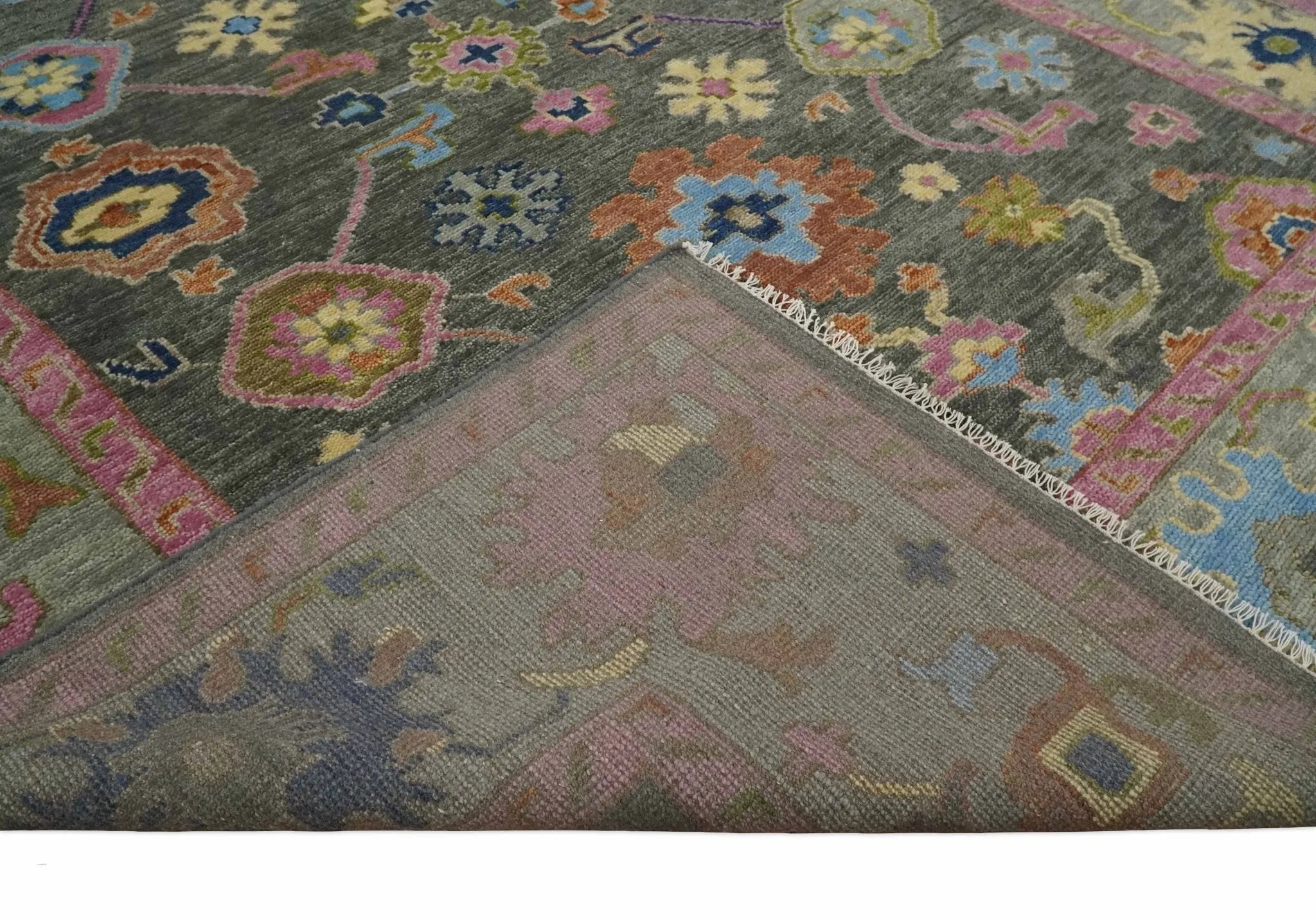 Antique Gray and Pink Wool Traditional Persian Silver Vibrant Colorful Hand knotted Oushak Area Rug | TRDCP787