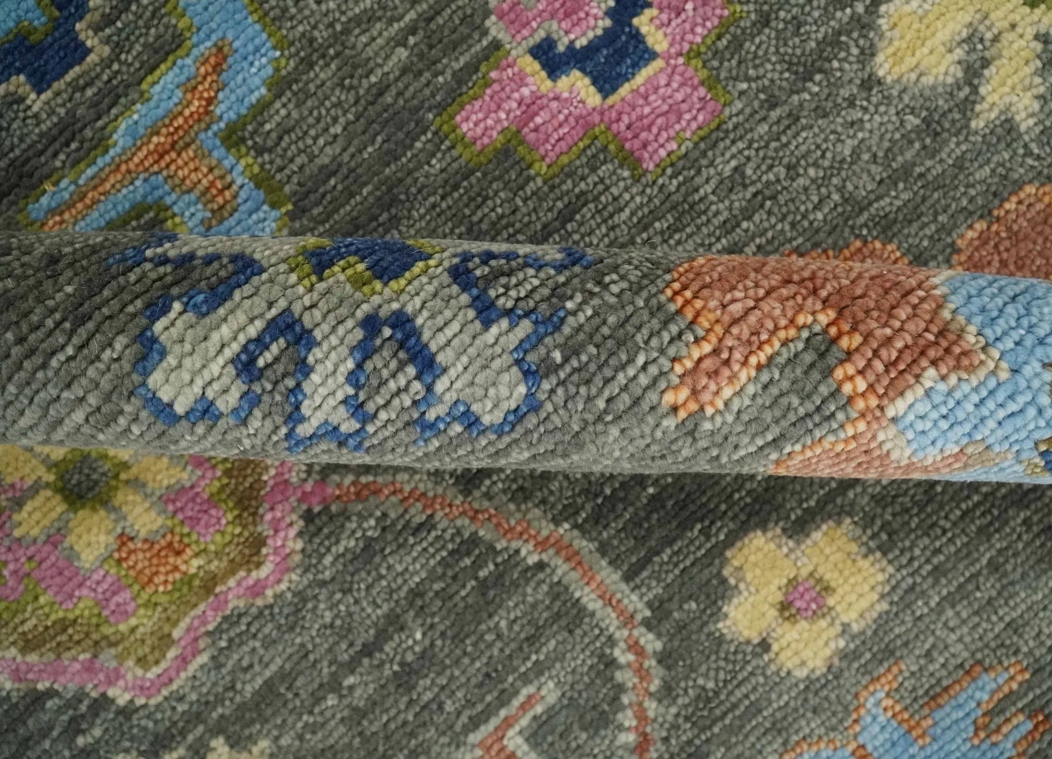Antique Gray and Pink Wool Traditional Persian Silver Vibrant Colorful Hand knotted Oushak Area Rug | TRDCP787
