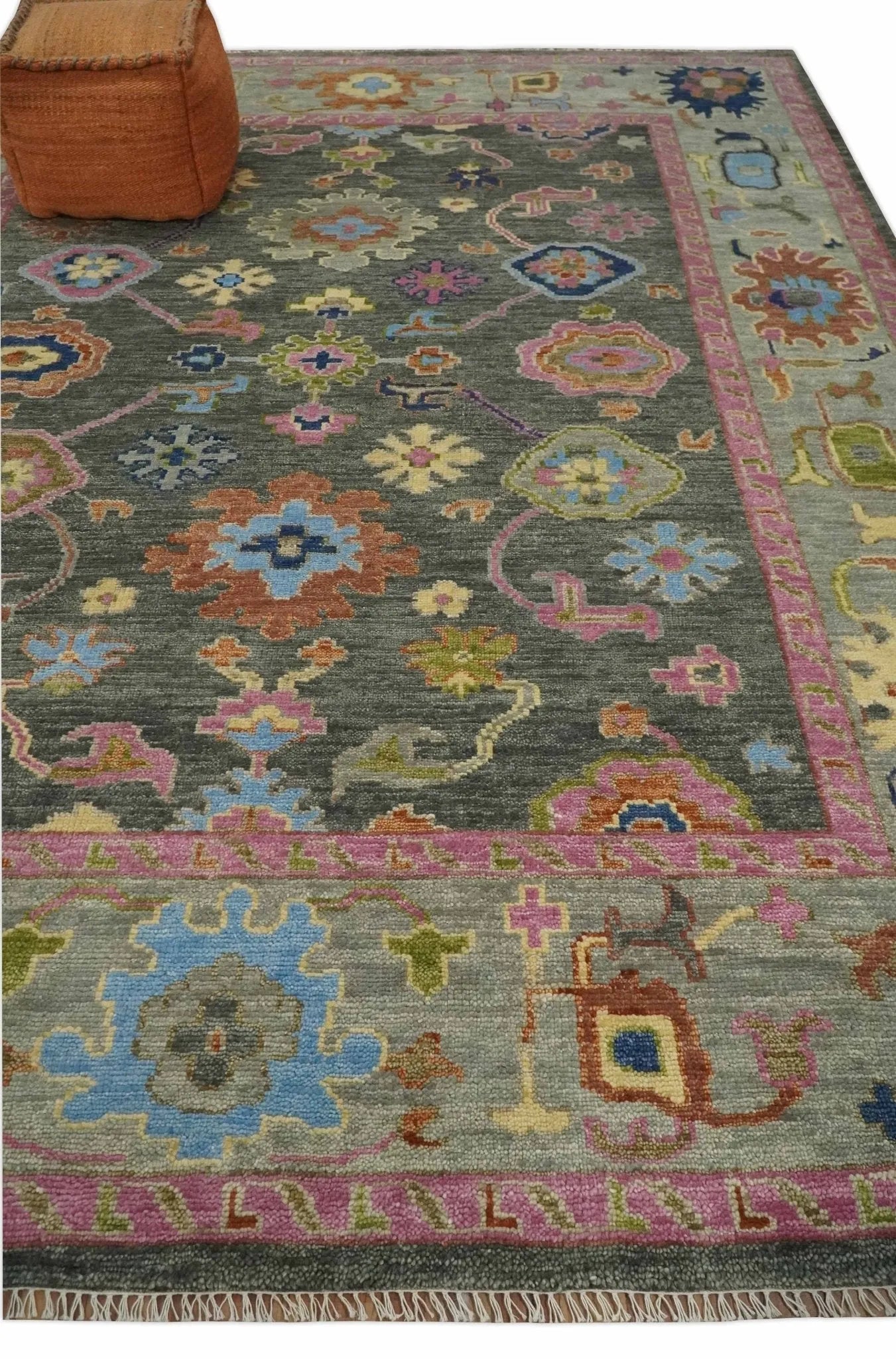 Antique Gray and Pink Wool Traditional Persian Silver Vibrant Colorful Hand knotted Oushak Area Rug | TRDCP787