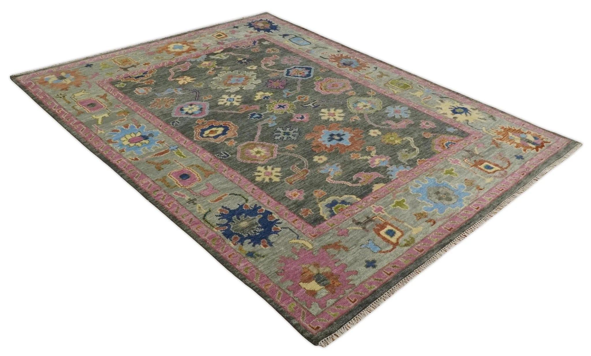 Antique Gray and Pink Wool Traditional Persian Silver Vibrant Colorful Hand knotted Oushak Area Rug | TRDCP787