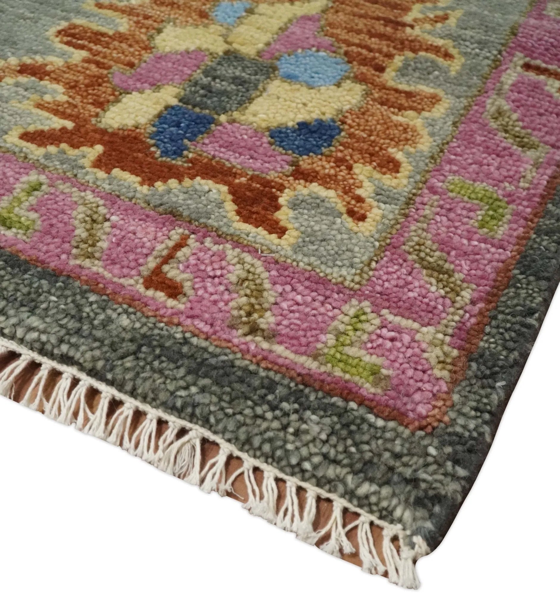 Antique Gray and Pink Wool Traditional Persian Silver Vibrant Colorful Hand knotted Oushak Area Rug | TRDCP787