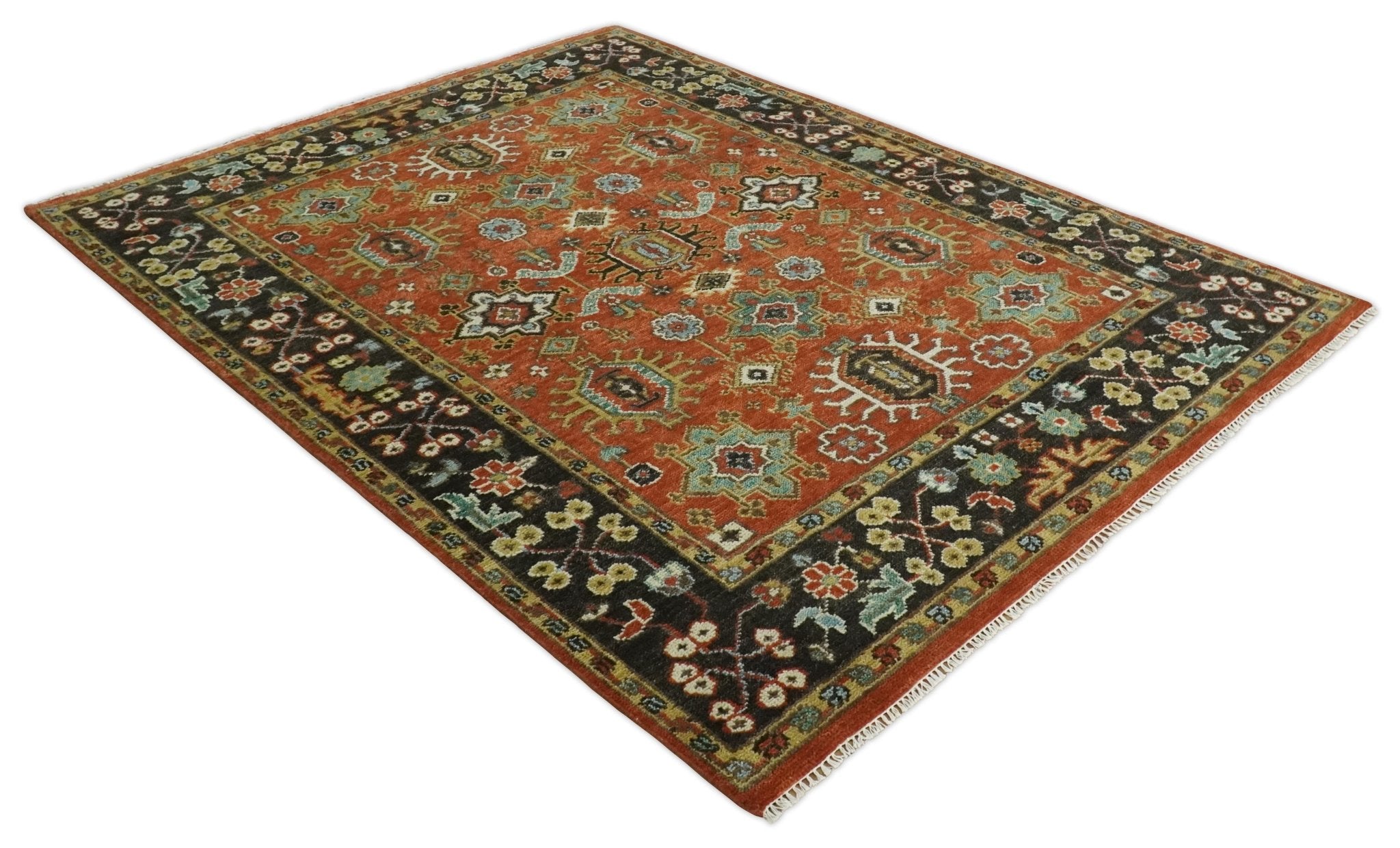 Antique Hand Knotted 5x8, 6x9, 8x10, 9x12, 10x14 and 12x15 Rust and Black Traditional Vintage Persian Oushak Wool Rug | TRDCP946810 - The Rug Decor