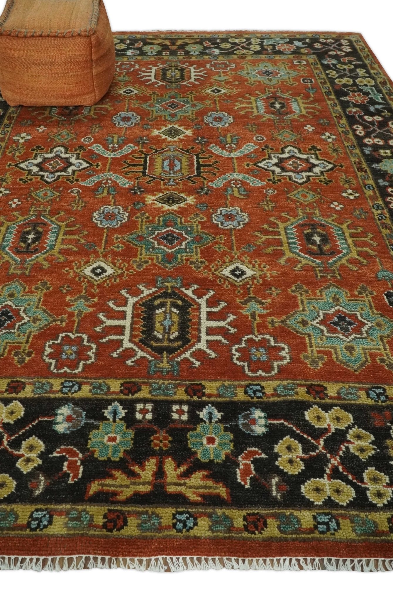 Antique Hand Knotted 5x8, 6x9, 8x10, 9x12, 10x14 and 12x15 Rust and Black Traditional Vintage Persian Oushak Wool Rug | TRDCP946810 - The Rug Decor