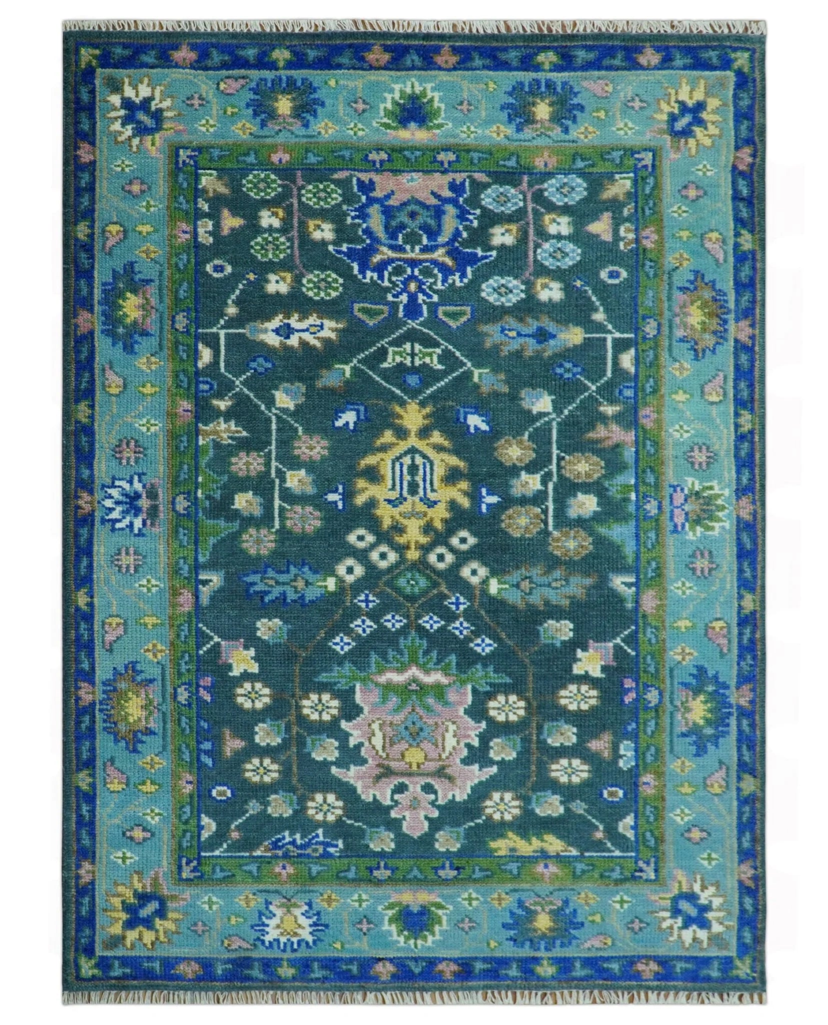 Antique Hand Knotted Green, Moss, and Blue Traditional Turkish Vintage Oushak Custom Made Wool Area Rug