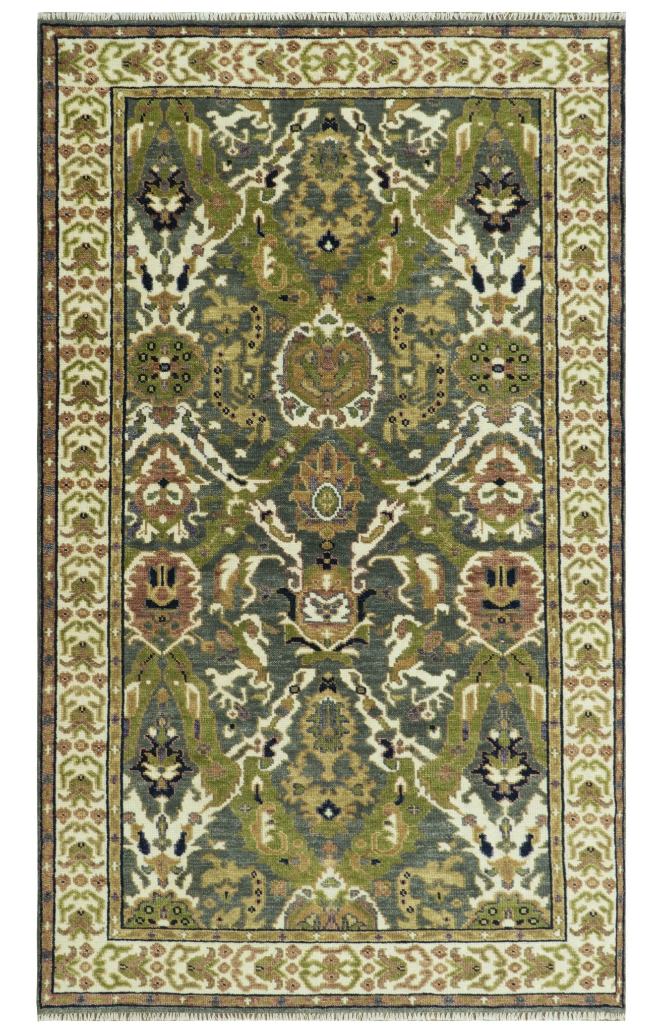 Antique look Hand knotted Green, Ivory and Gray Traditional Large design Multi Size wool Area Rug - The Rug Decor