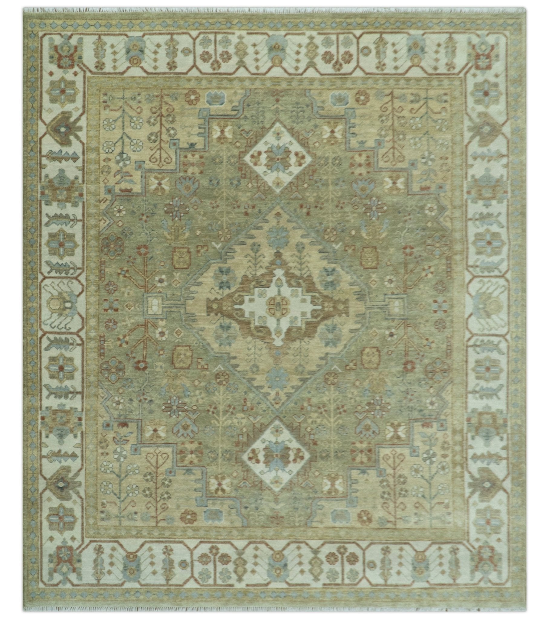 Antique Look Hand Knotted Medallion Olive and Ivory Vintage Style Wool Rug