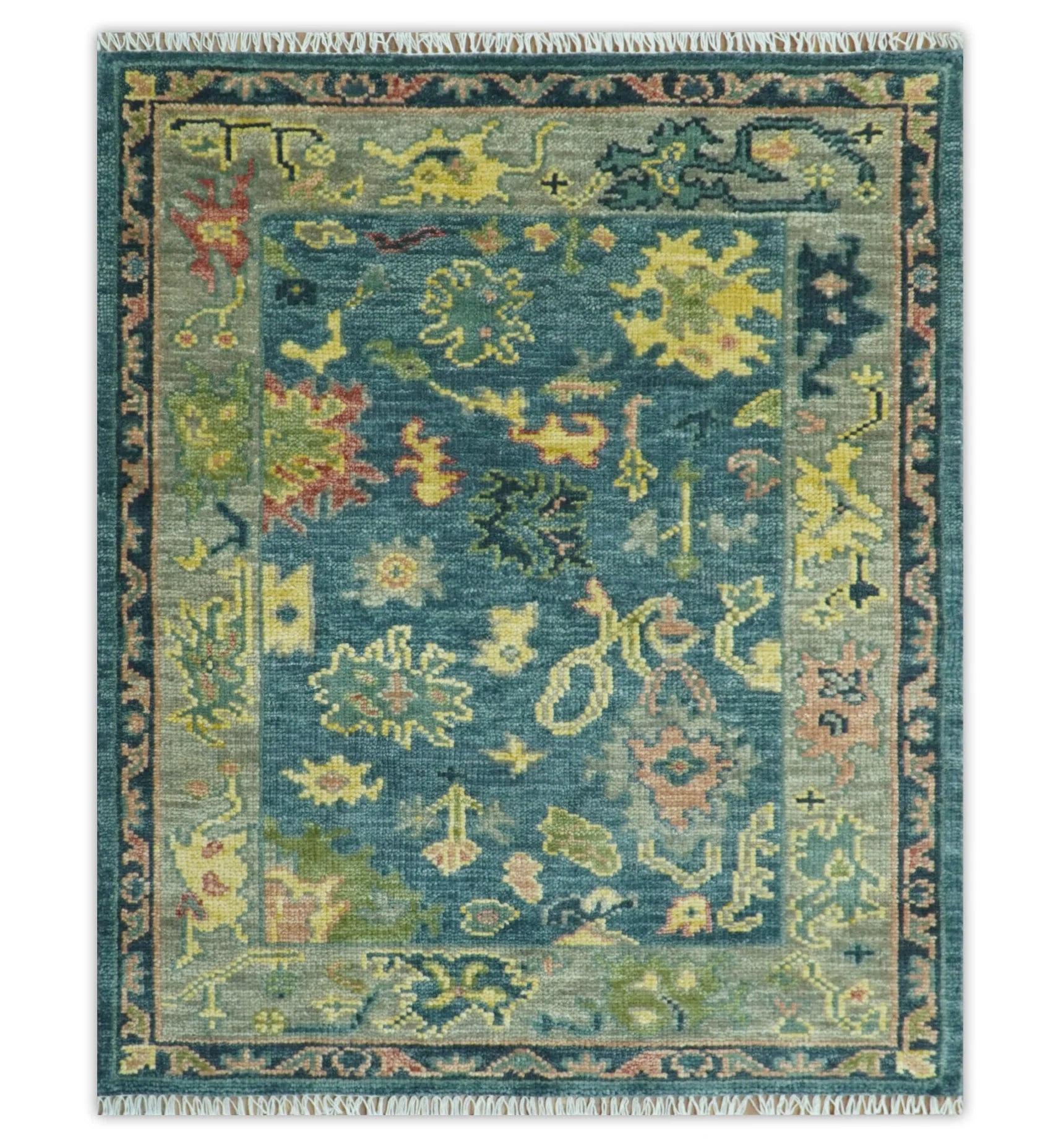 Antique look Teal and Olive Hand Knotted Traditional Oushak Custom Made wool rug