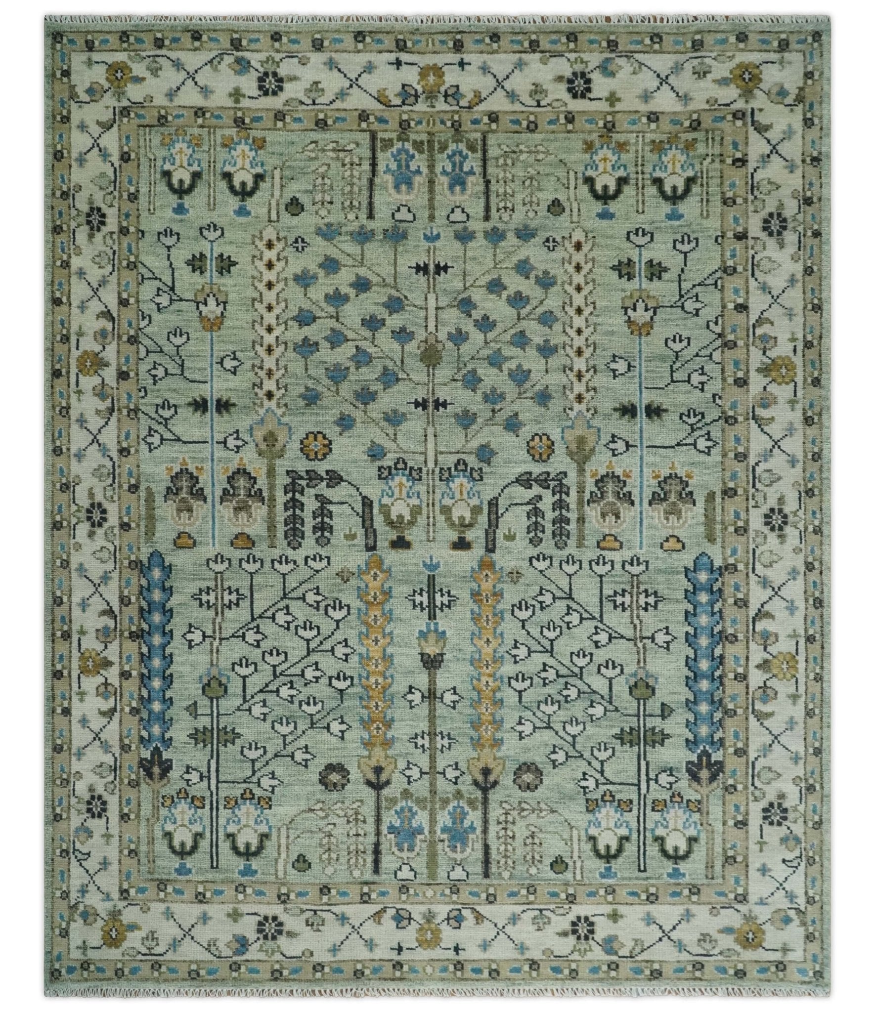 Moss Green and Ivory Multi Size Vintage Wool Hand Knotted Rug