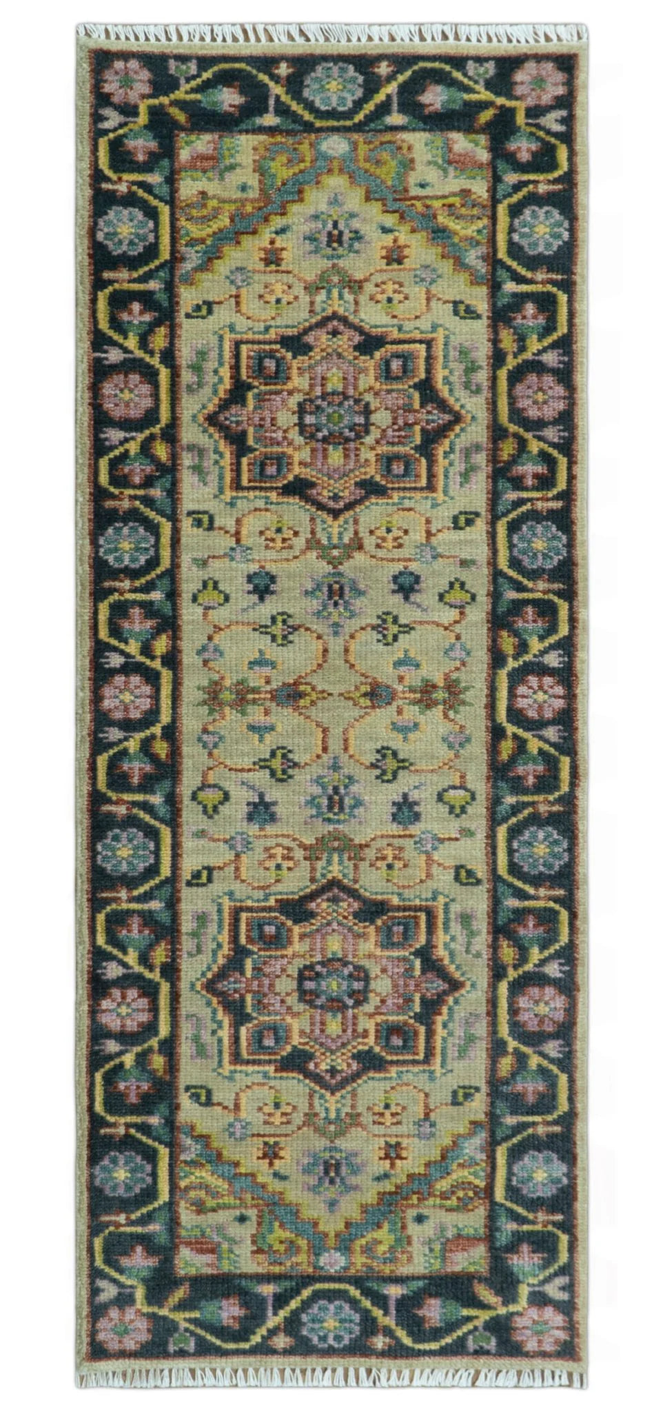 Antique Moss Green and Pink Traditional Multi Size Wool Area Rug