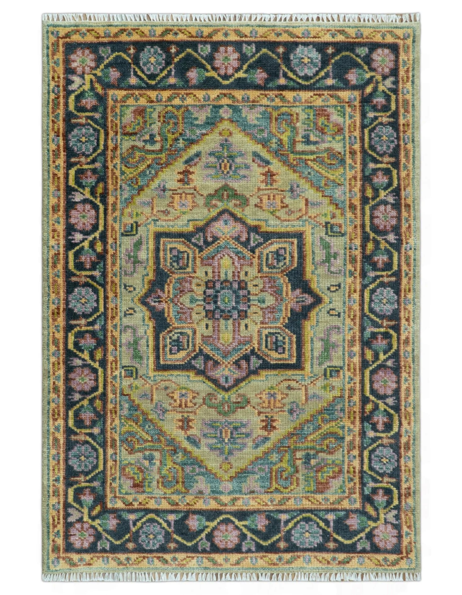 Antique Moss Green and Pink Traditional Multi Size Wool Area Rug