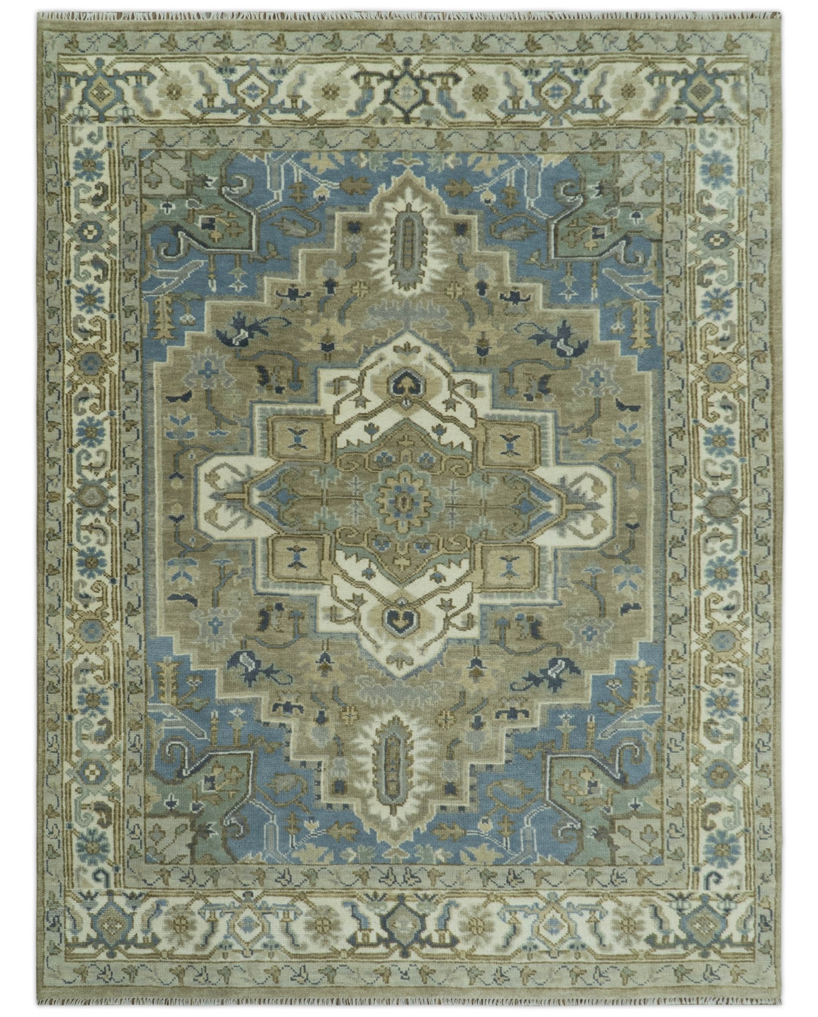 Antique Olive, Blue and Ivory Heriz Serapi Multi Size Wool Area Rug - The Rug Decor