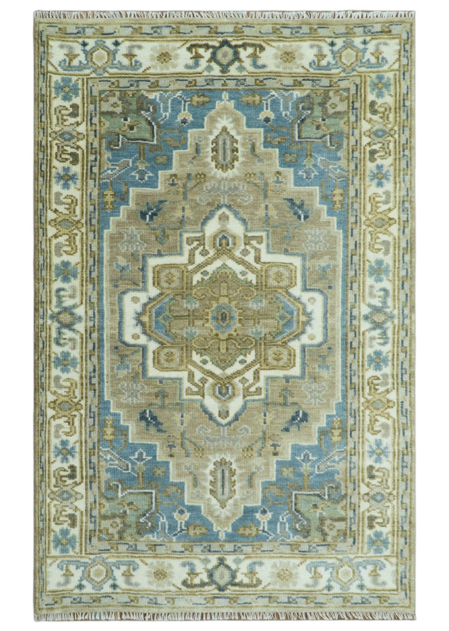 Antique Olive, Blue and Ivory Heriz Serapi Multi Size Wool Area Rug - The Rug Decor