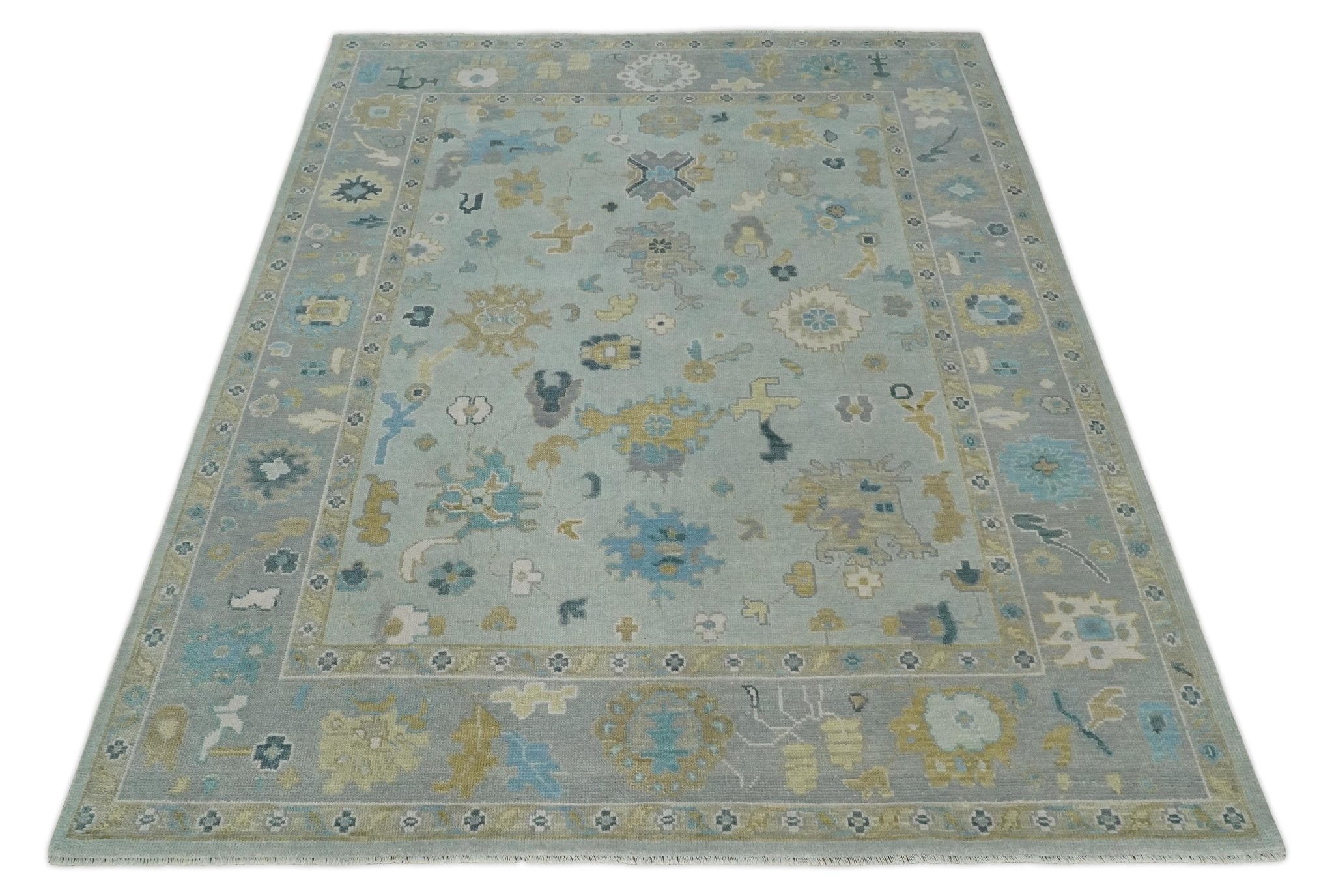 Antique Silver and Gold Vibrant Colorful Hand knotted Oushak wool Area Rug