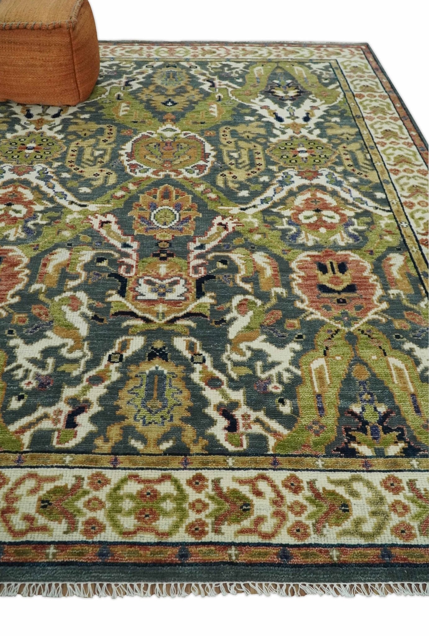 Antique Persian Rug Hand knotted 8x10, 9x12, 10x14 and 12x15 Green, Ivory and Gray Traditional Oushak Area Rug | TRDCP985810 - The Rug Decor