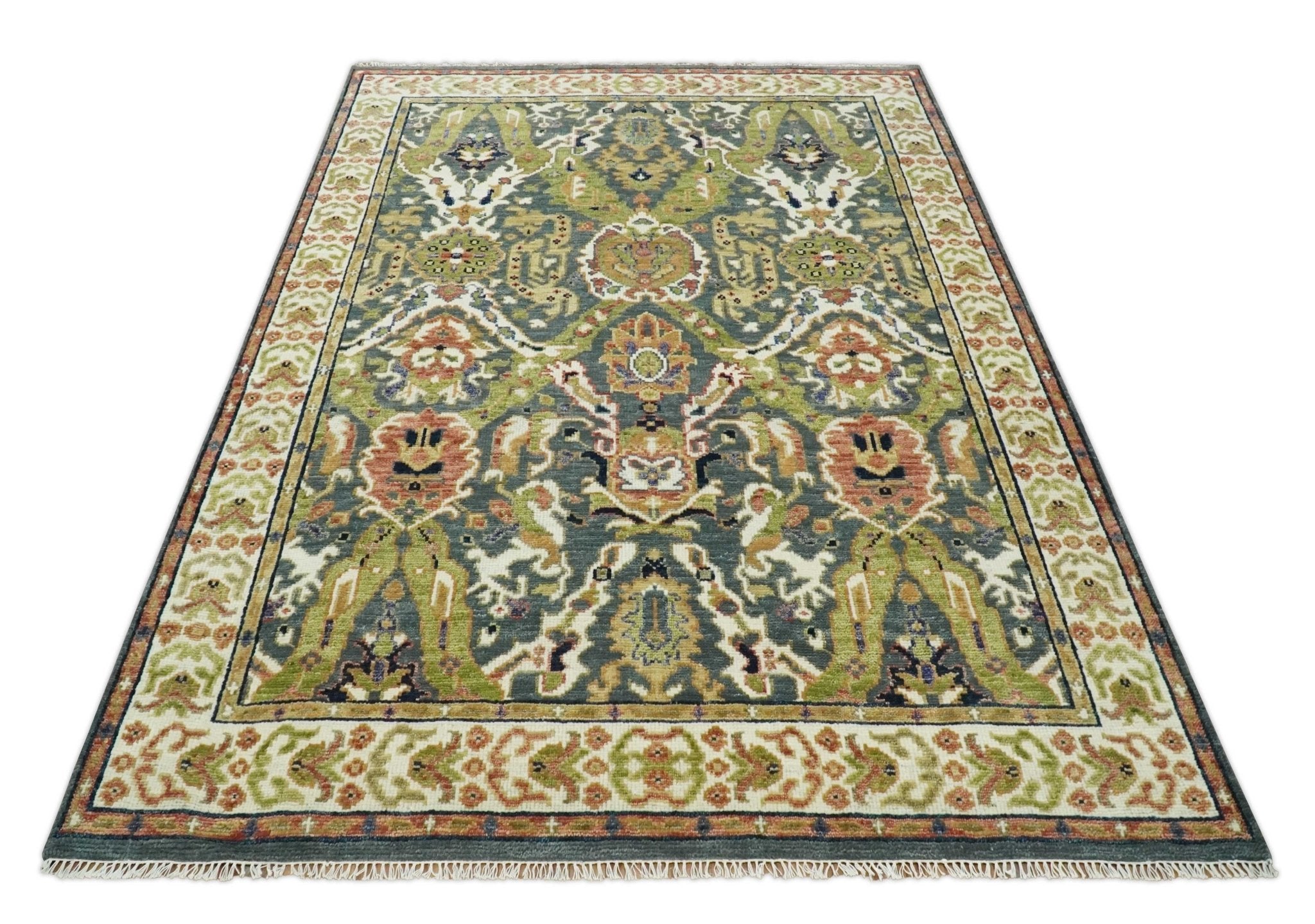Antique Persian Rug Hand knotted 8x10, 9x12, 10x14 and 12x15 Green, Ivory and Gray Traditional Oushak Area Rug | TRDCP985810 - The Rug Decor