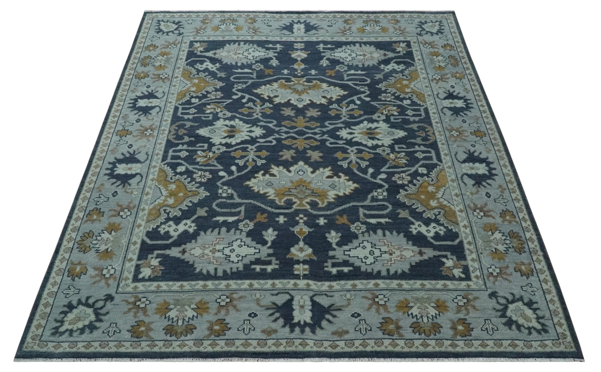 Antique style Blue and Silver Traditional Multi Size Hand Knotted Oushak Wool Rug - The Rug Decor