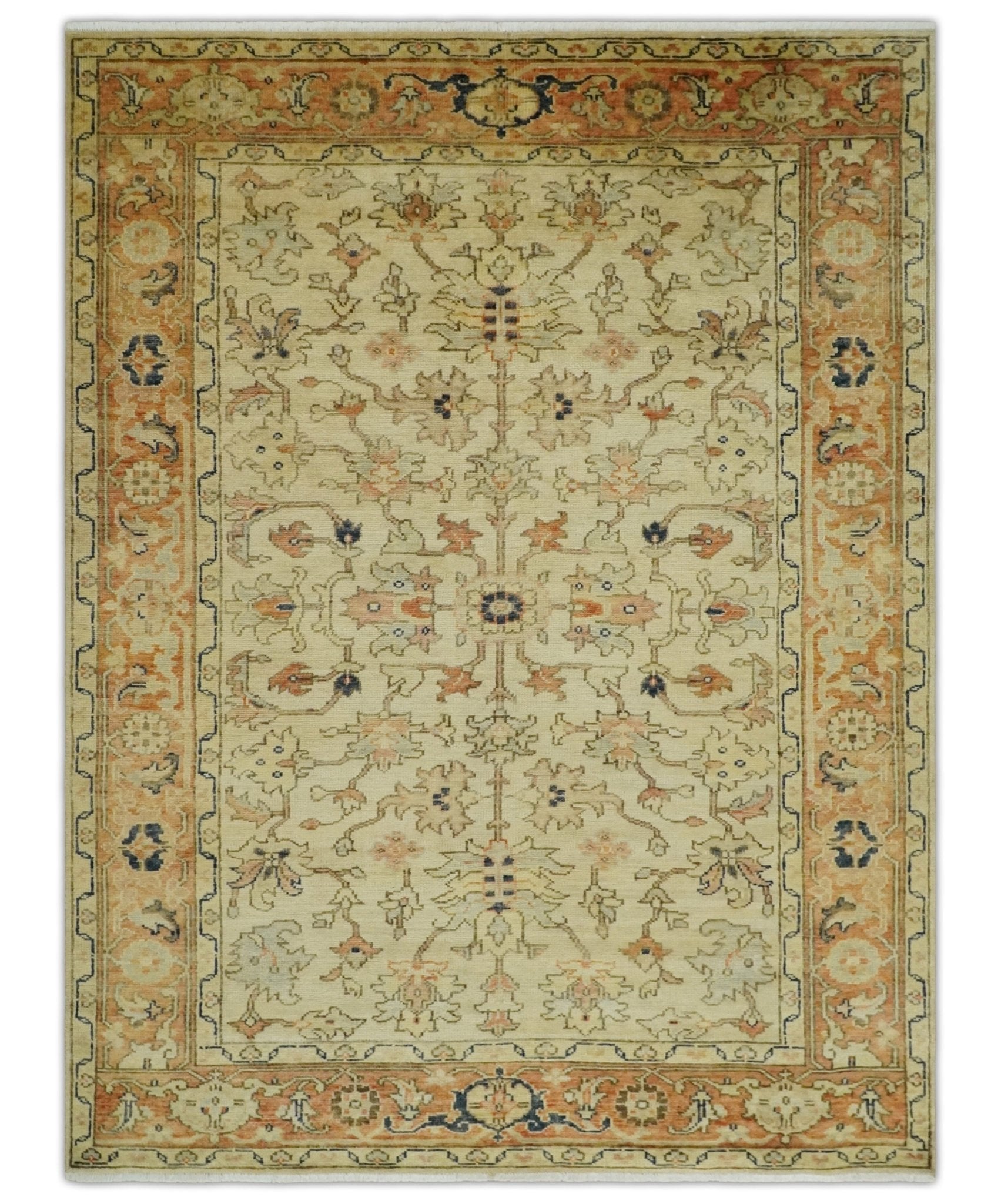 Hand Knotted Wool Rug in Beige and Rust with Antique Style Empress Tabriz Design