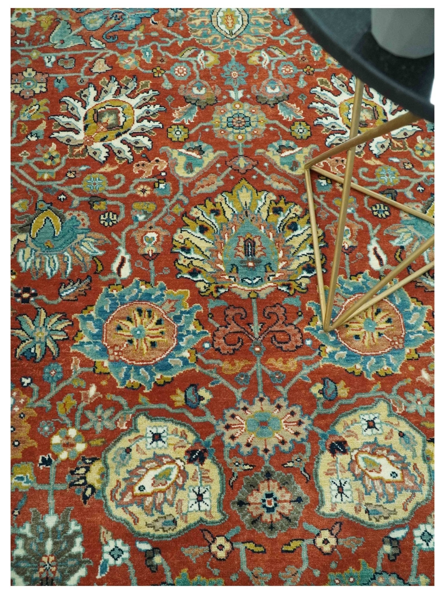 Antique  Style Fine Rust, Blue and Aqua 8x10 Hand Knotted Traditional Serapi wool rug