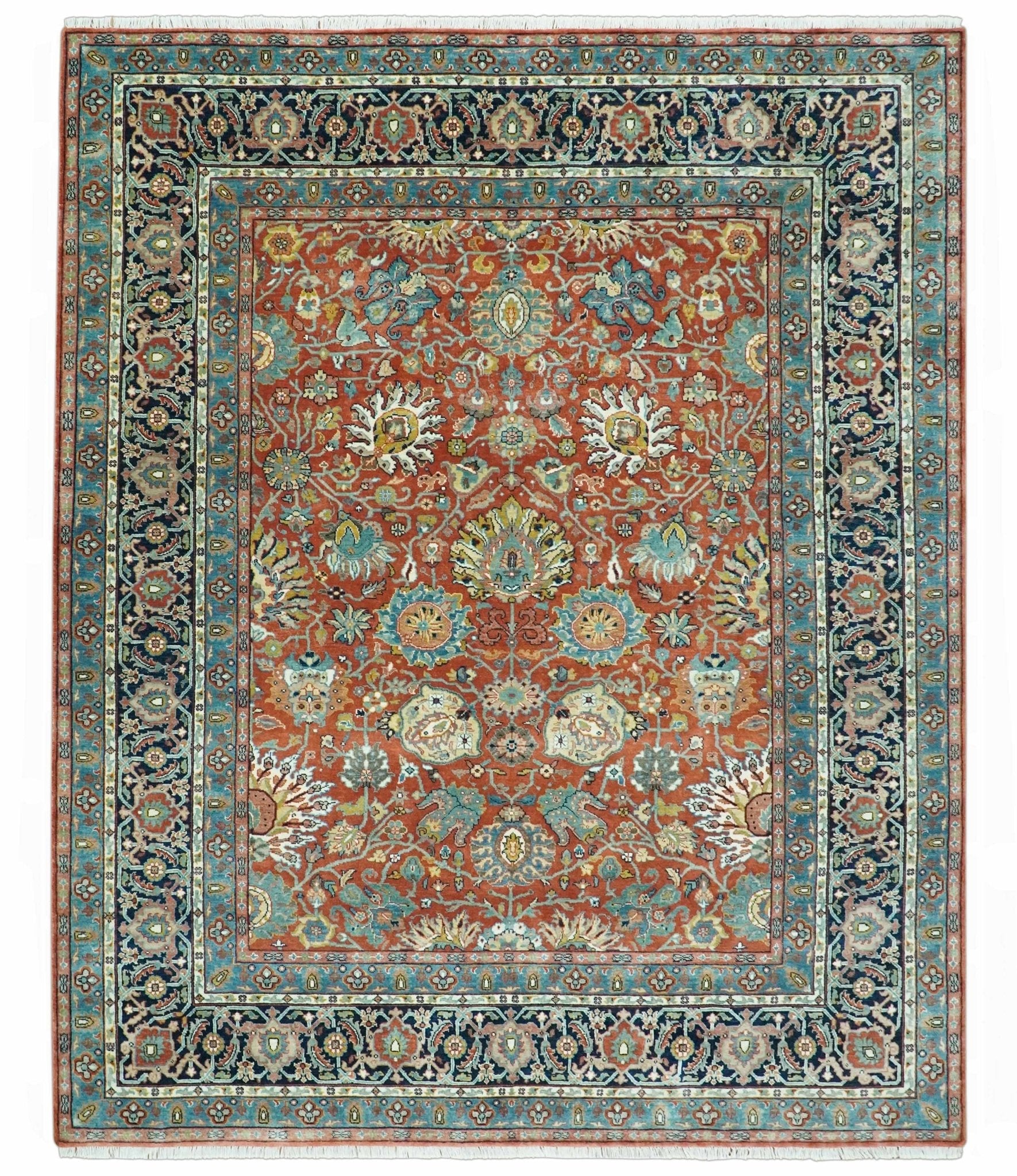 Antique  Style Fine Rust, Blue and Aqua 8x10 Hand Knotted Traditional Serapi wool rug