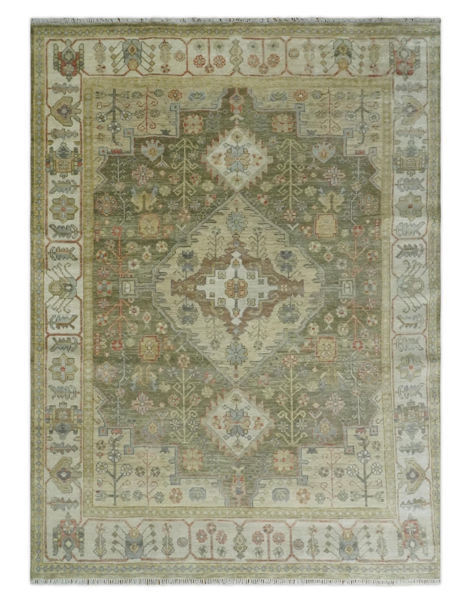 Antique Style Green, Ivory and Beige Hand knotted 9x12 wool Area Rug