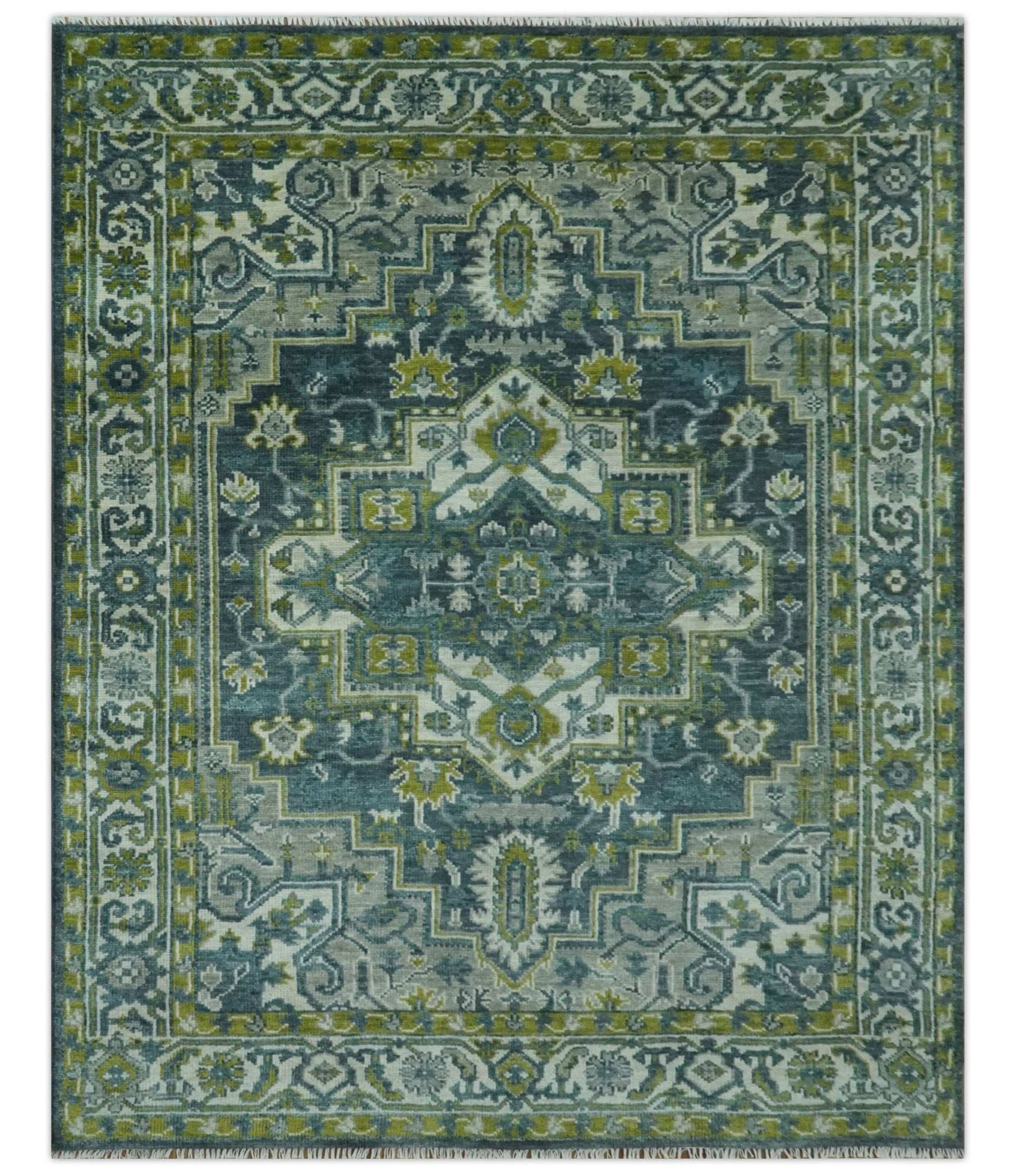 Antique Style Hand Knotted Teal, Gray and Green Traditional Heriz 8x10 wool area rug - The Rug Decor