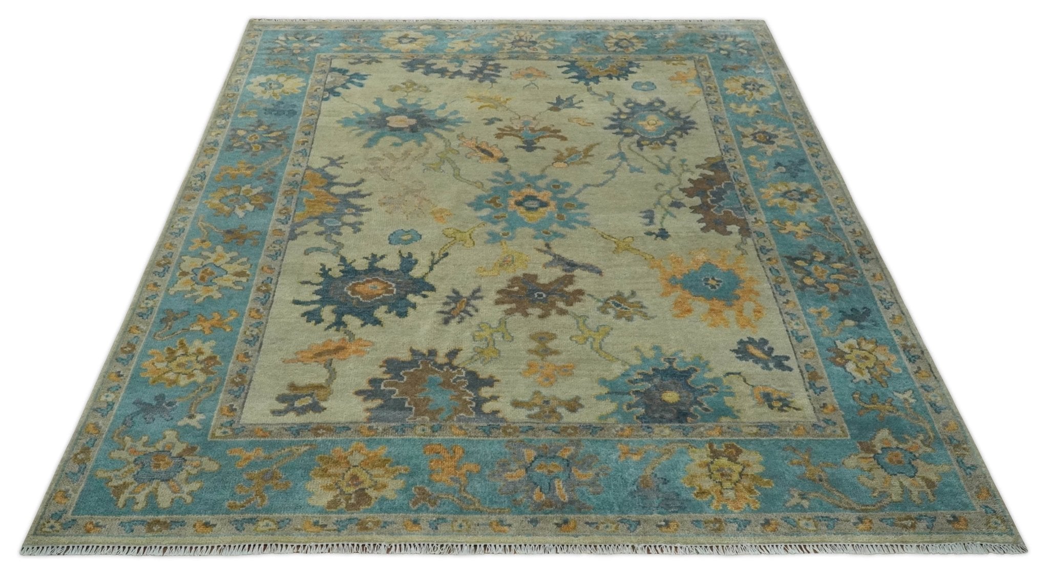 Antique Style Olive and Blue Hand knotted Traditional Oushak 8x10 wool Area Rug