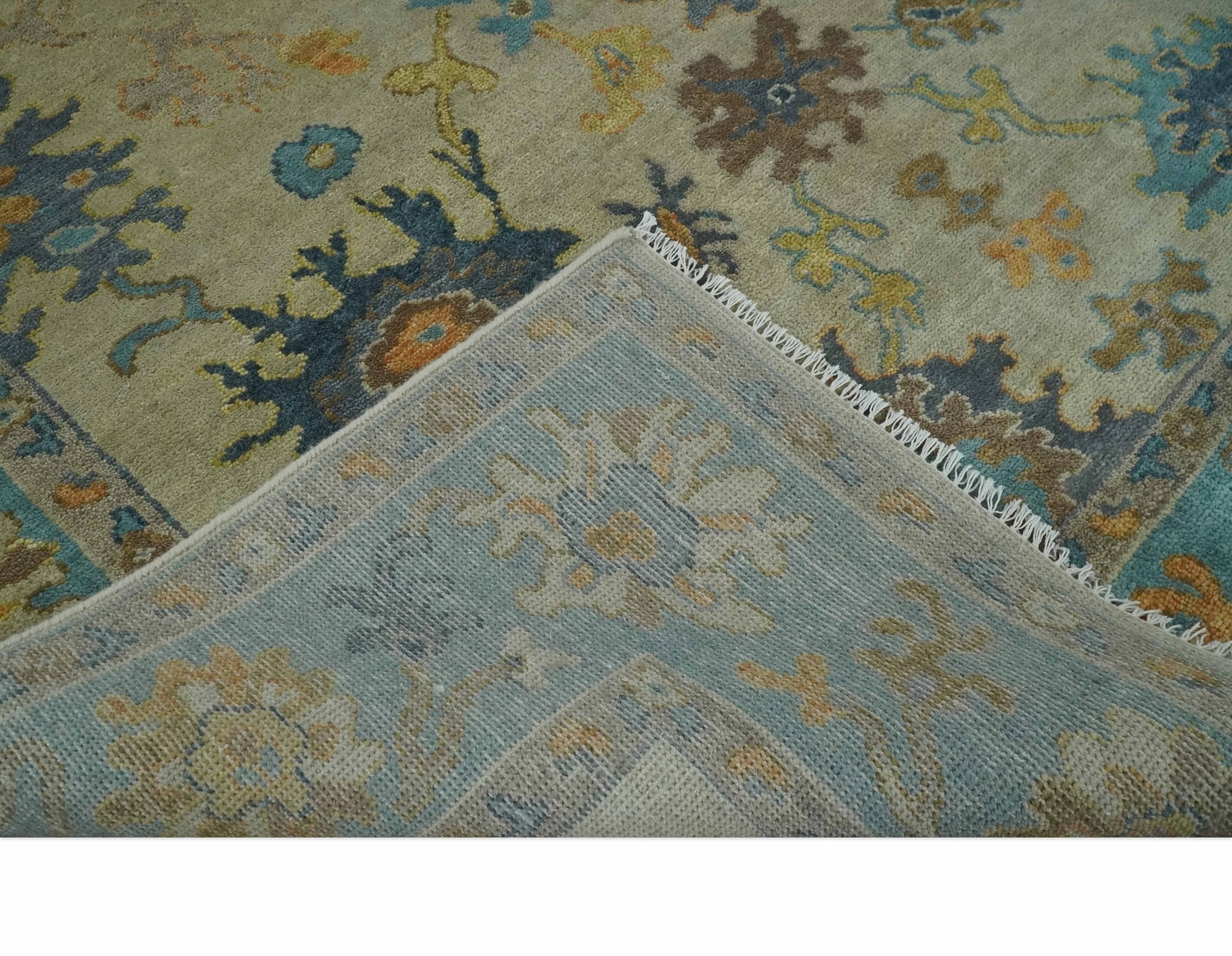 Antique Style Olive and Blue Hand knotted Traditional Oushak 8x10 wool Area Rug