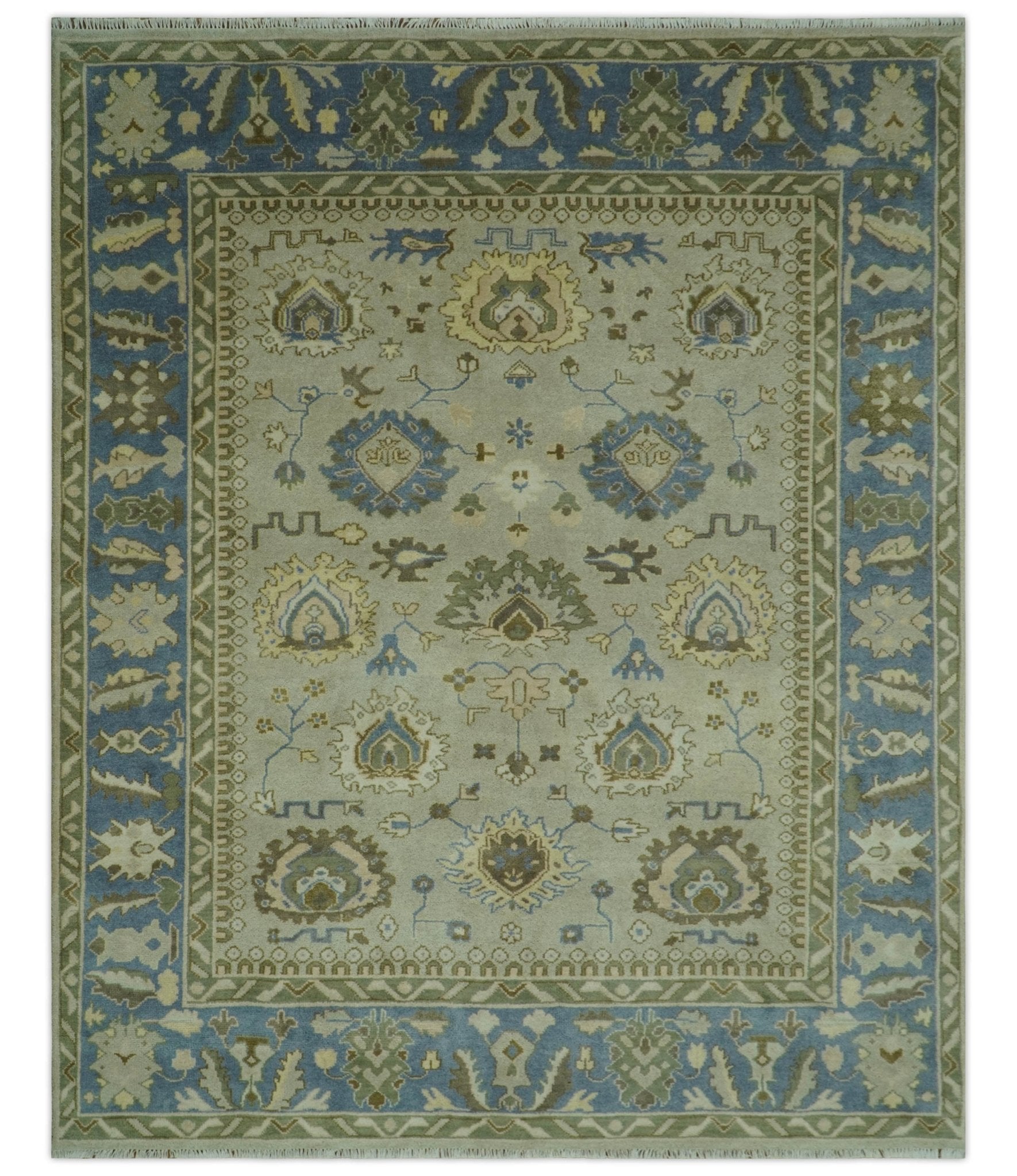 Antique Style Silver, Blue and Green 8x10 Hand Knotted Traditional Oushak wool area rug