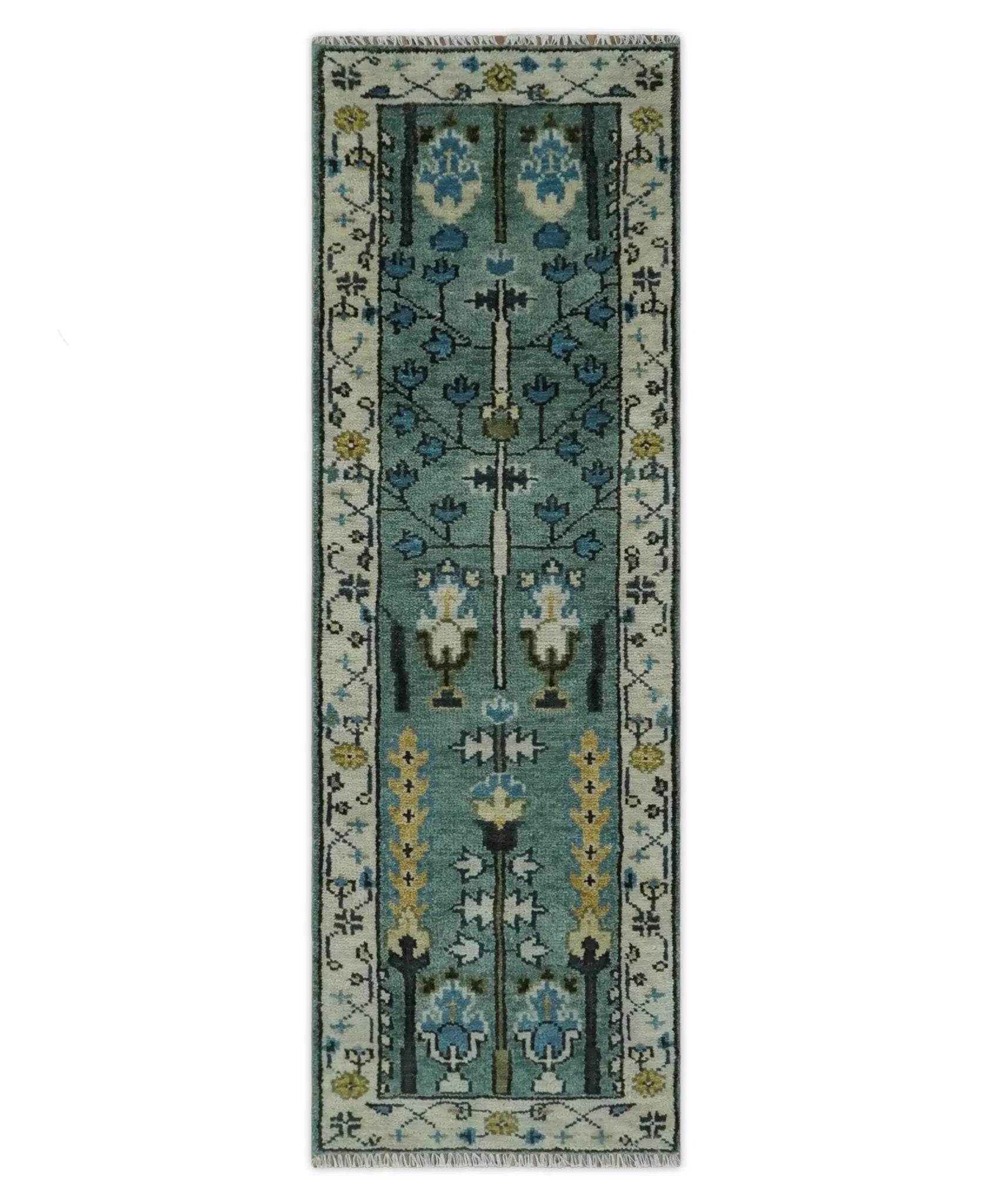 Hand Knotted Aqua Green and Ivory Traditional Turkish Vintage Style Multi Size Wool Area Rug