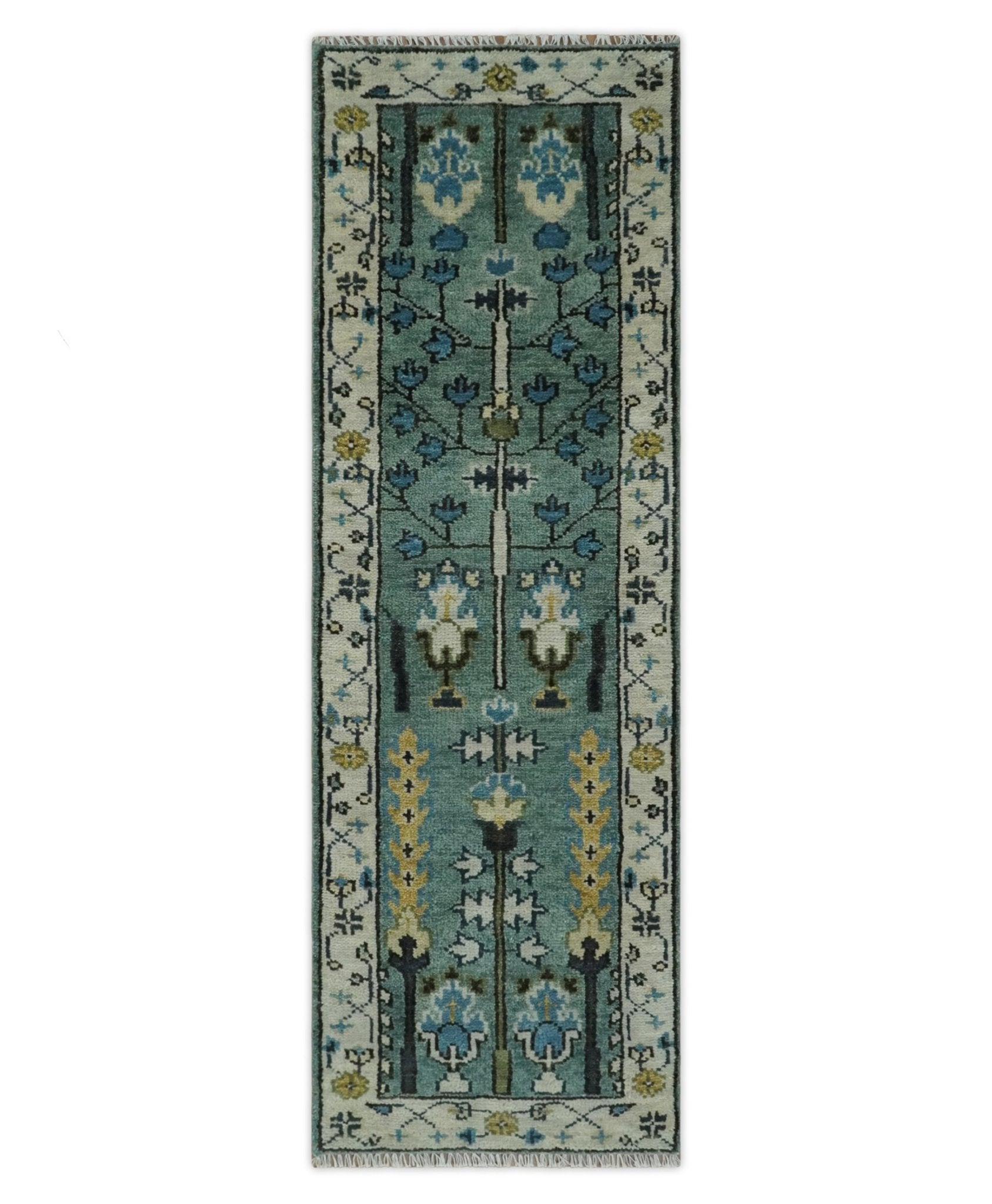 Aqua Hand Knotted Green and Ivory Traditional Turkish Vintage Style Wool Rug