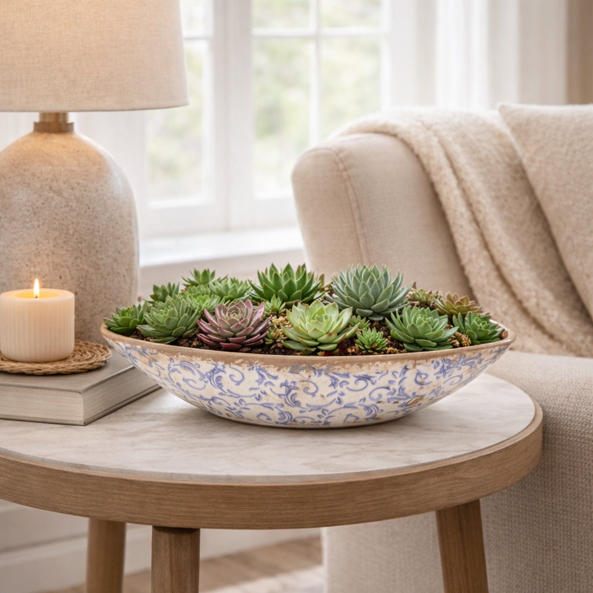 13” Tuscan Ceramic Blue Scroll Decorative Bowl