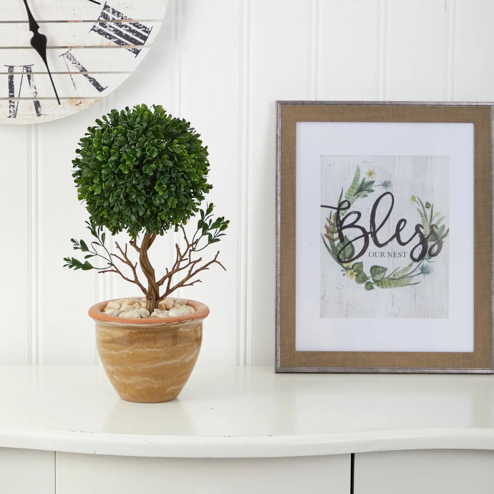 16” Boxwood Topiary Artificial Tree in Ceramic Planter  (Indoor/Outdoor)
