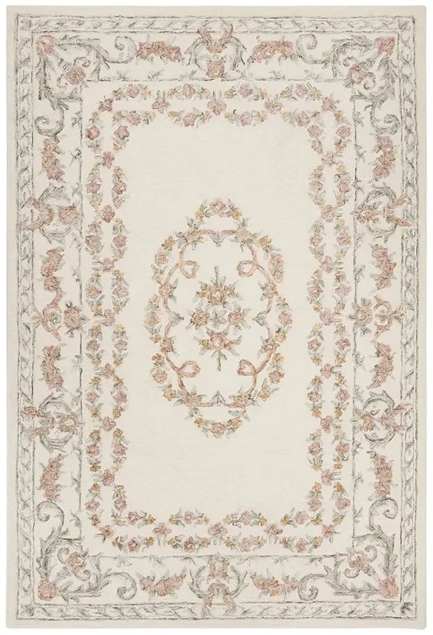 Aubusson Wool Rug in Ivory and Pink