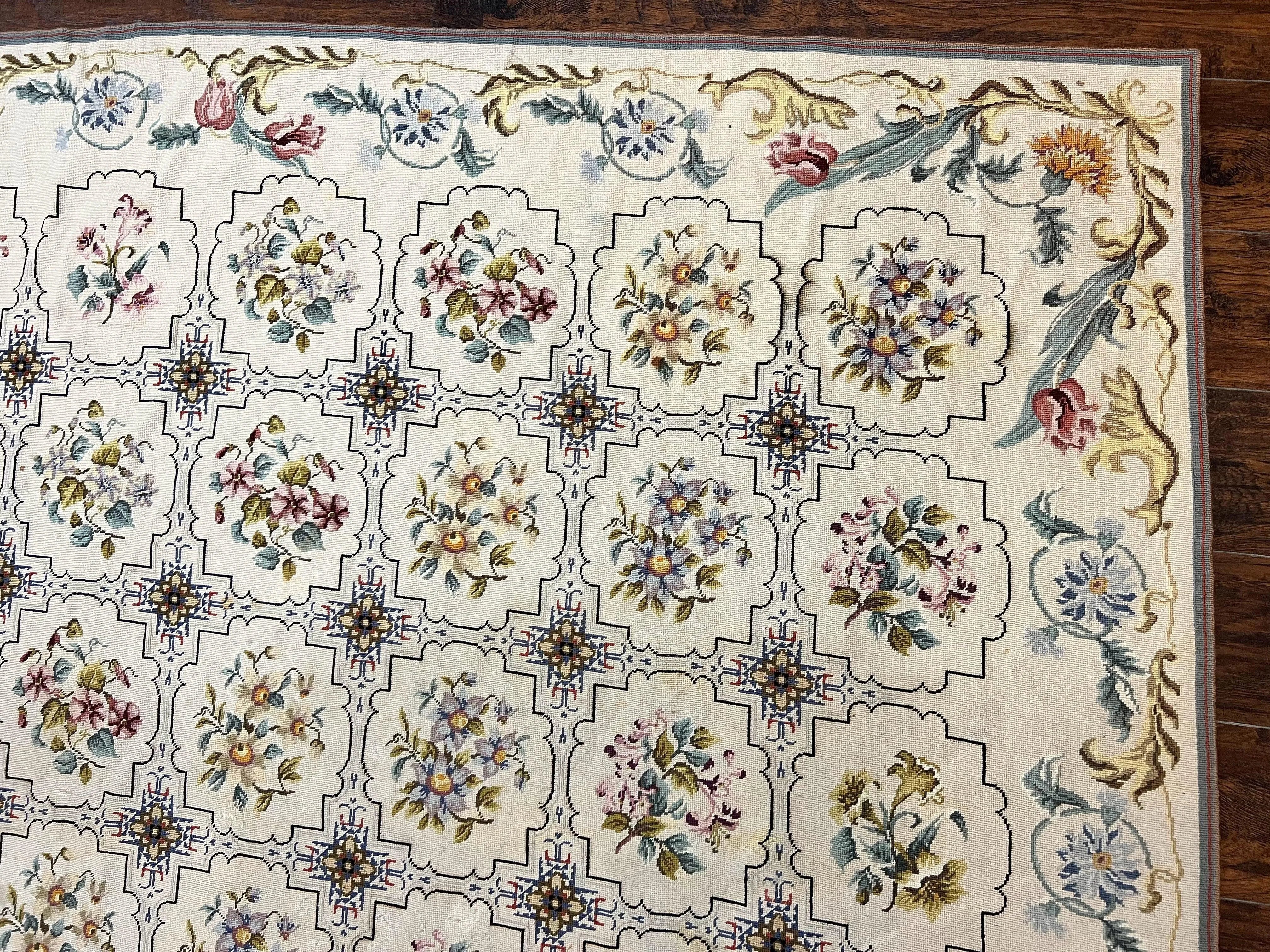 Needlepoint Rug 10x14, Wool Handmade Vintage Needlepoint Carpet, Floral Panel Design, Ivory/Cream