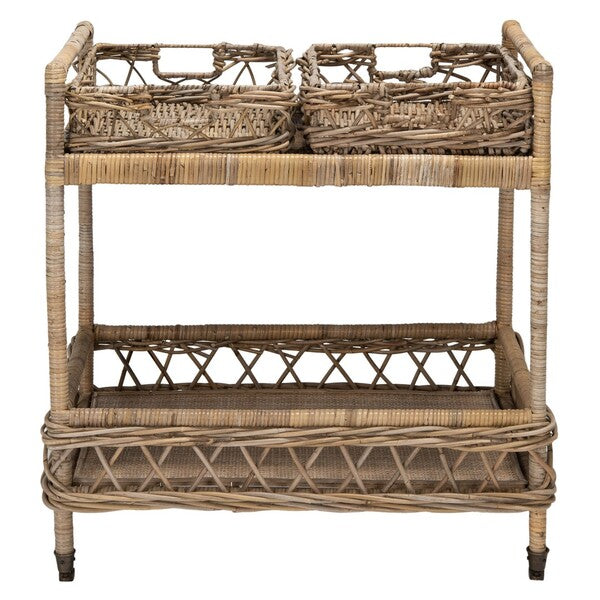 Ambrose 2 Tier Rattan Bar Cart in Grey Wash